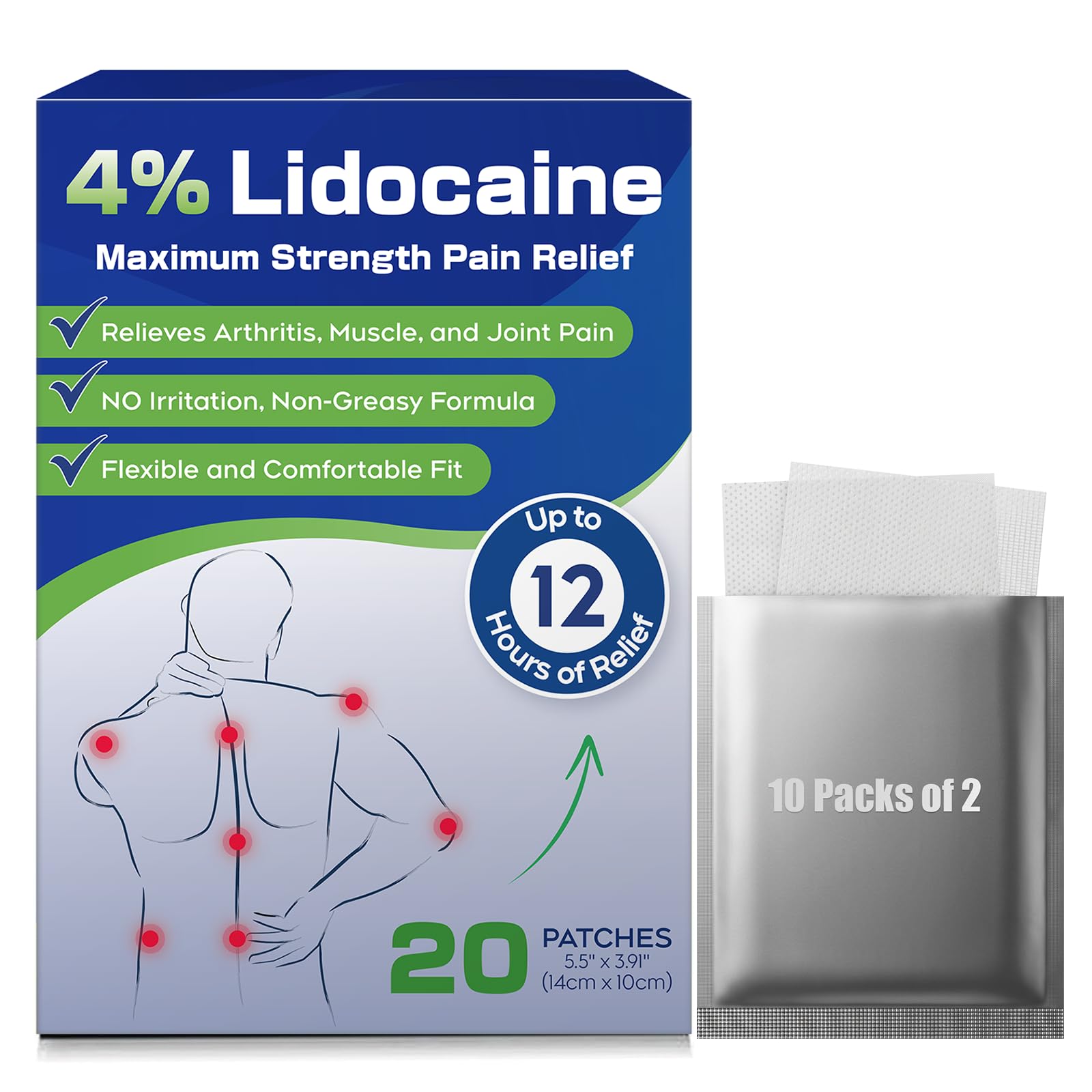 Uposiut 4% Lidocaine Patches - 20 Count Maximum Strength Lidocaine Patches, 10 Packs of 2 Patches for Muscle Pain Relief in The Neck, Shoulders, Back, Knees, and Anks, 12 Hour Pain Relief-012345 Uposiut uk supplements
