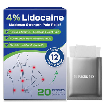 Uposiut 4% Lidocaine Patches - 20 Count Maximum Strength Lidocaine Patches, 10 Packs of 2 Patches for Muscle Pain Relief in The Neck, Shoulders, Back, Knees, and Anks, 12 Hour Pain Relief-012345 Uposiut uk supplements