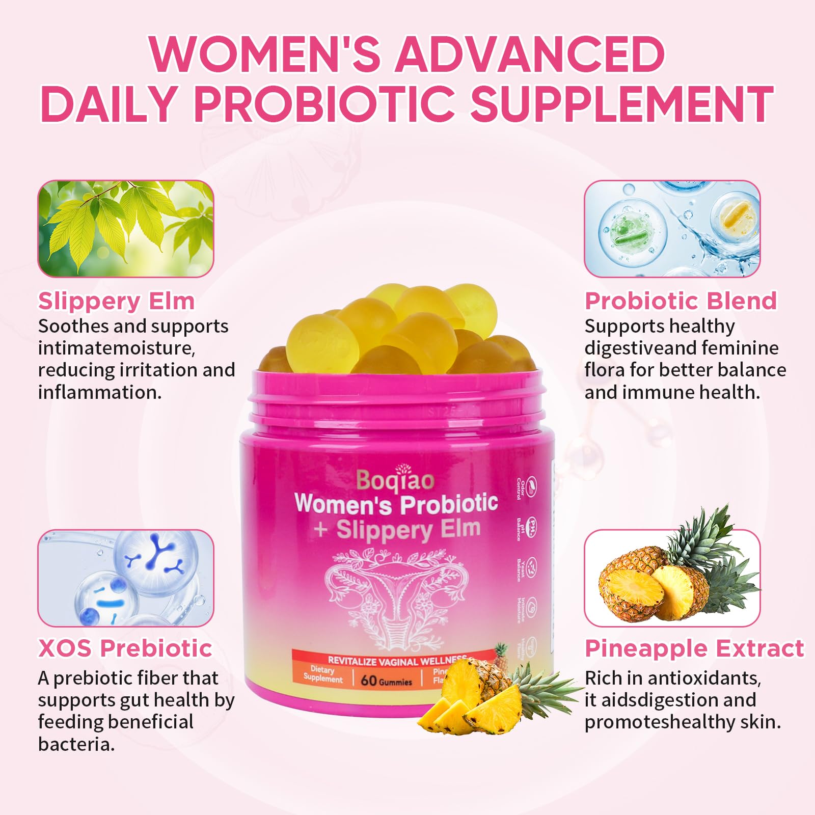 Feminine Probiotics Gummies with Slippery Elm - 60 Pineapple Gummies for Women ph Balance, Vaginal Probiotics Supports Flora, Gut Health & Immune System, Prebiotics & Lactobacillus Blend (Pineapple) Boqiao uk supplements