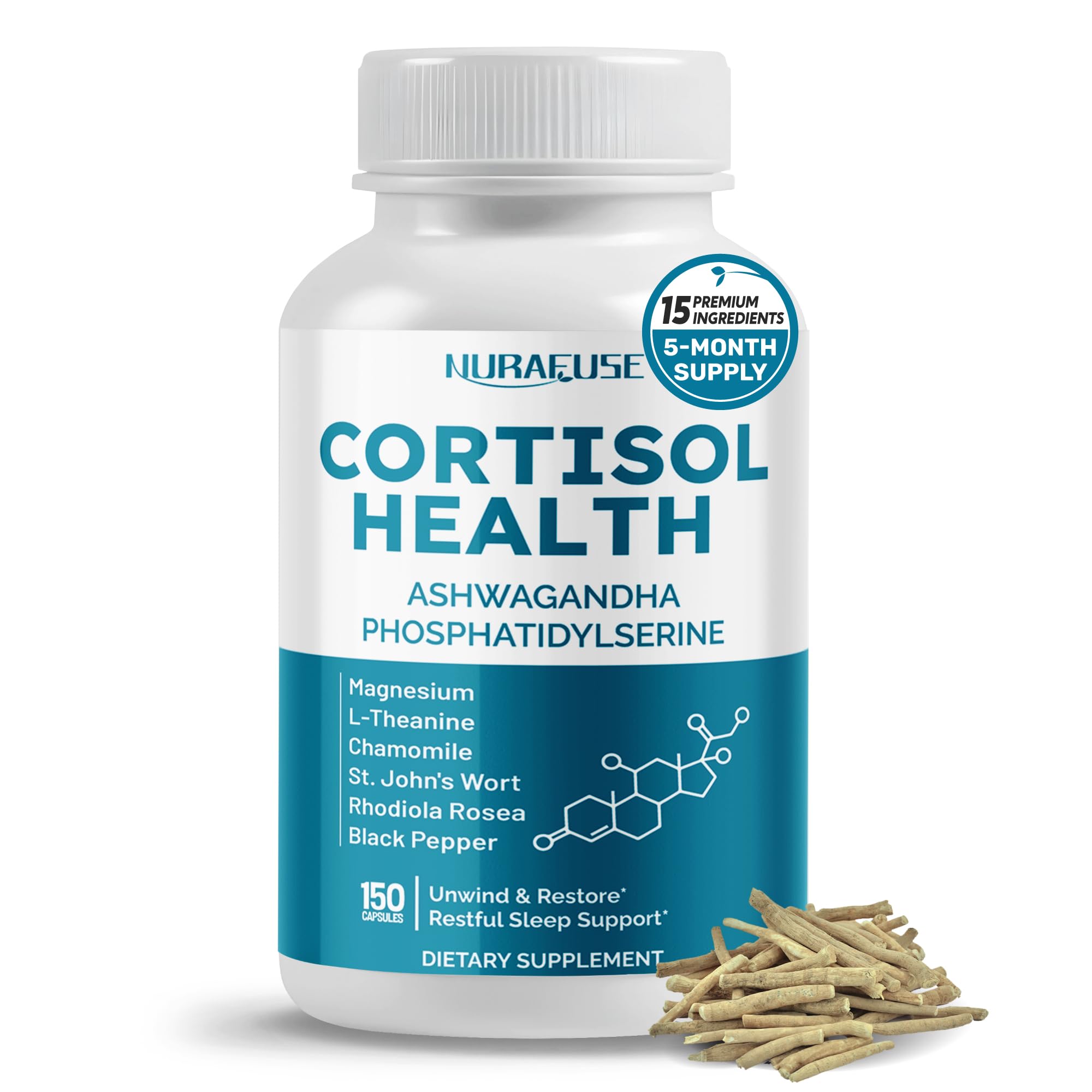 NURAFUSE CORTISOL Health Ashwagandha 15-in-1 Supplement with Magnesium Phosphatidylserine L-Theanine Chamomile Rhodiola Rosea Licorice Holy Basil NURAFUSE uk supplements