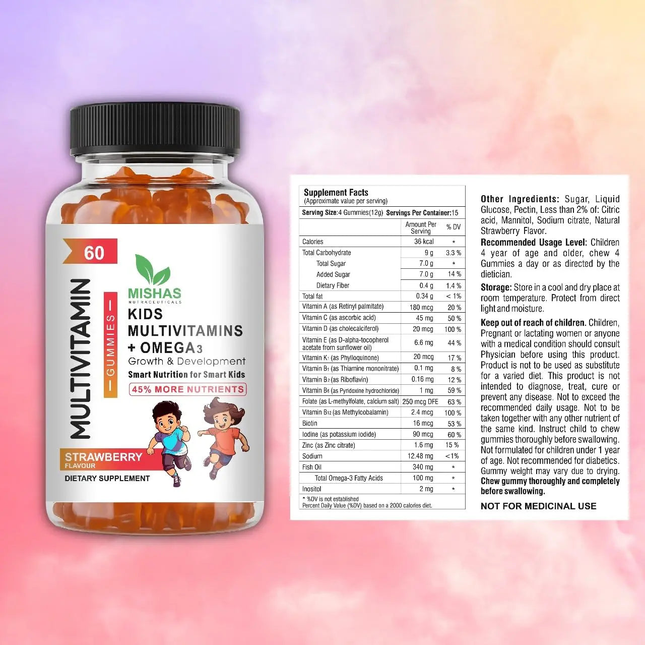 Mishas Nutraceuticals Kids Multivitamin Gummies with Omega 3 Fish Oil (EPA/DHA), Vitamin D3, C, B12, B6, Vitamin A, K & Zinc Immune Support Mishas uk supplements