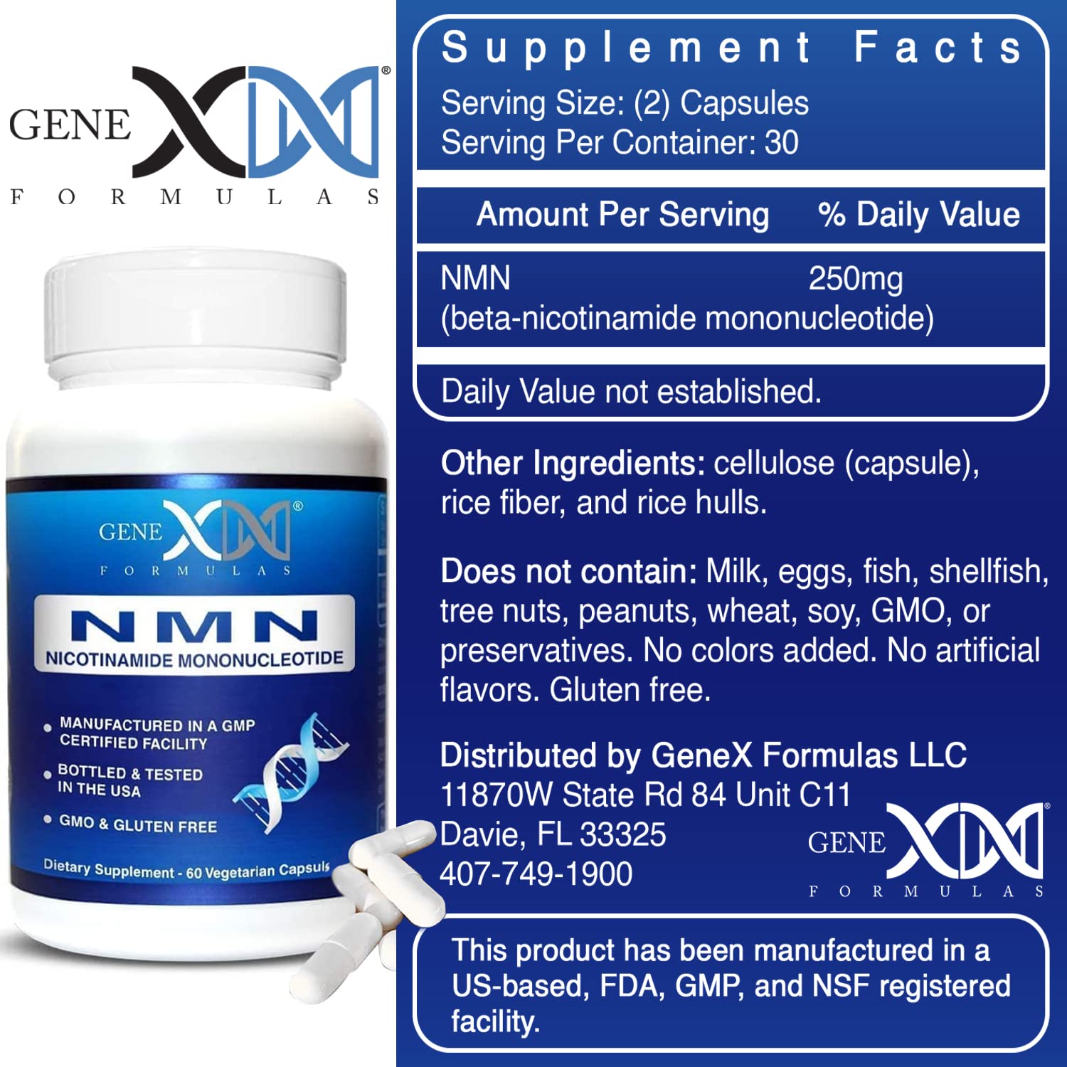 Genex Formulas NMN 250mg - Stabilized Form (60 Capsules), 99% Pure Supplement Capsules for Increased NAD Levels, DNA Repair, & Healthy Aging, GMP Certified Genex Formulas uk supplements