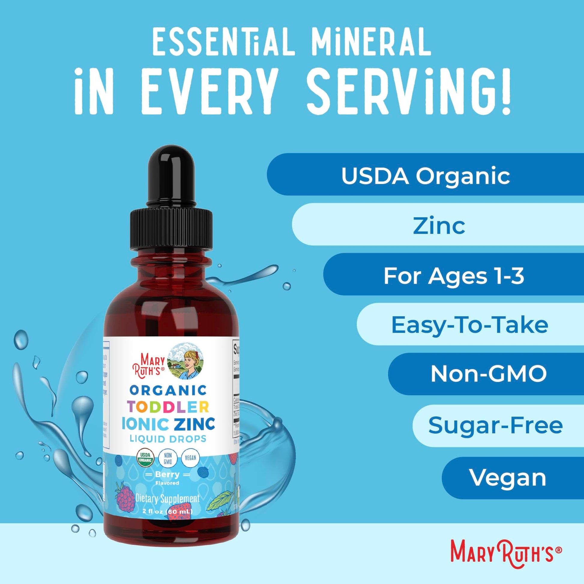 MaryRuth Organics USDA Toddler Liquid Drops | Zinc Sulfate | Immune Support Supplement| Skin Health | Vegan | Formulated for Ages 1-3 | Delicious Berry Flavor | 1 Month Supply | 2 Fl Oz MARYRUTH'S uk supplements