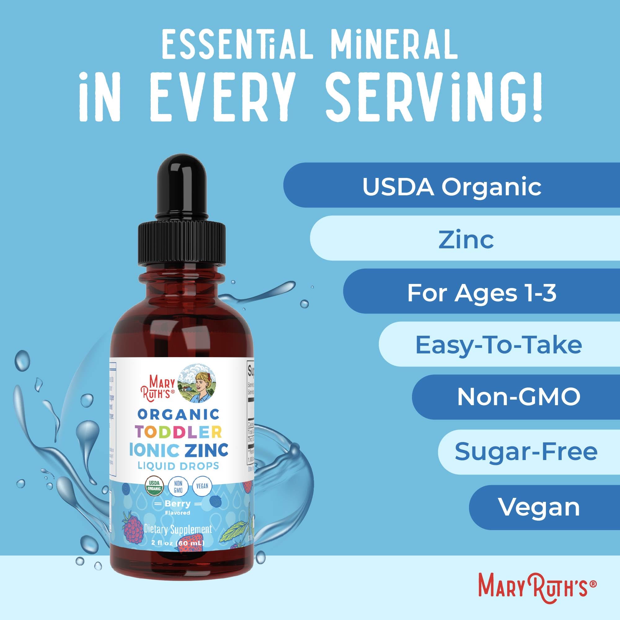 MaryRuth Organics USDA Toddler Liquid Drops | Zinc Sulfate | Immune Support Supplement| Skin Health | Vegan | Formulated for Ages 1-3 | Delicious Berry Flavor | 1 Month Supply | 2 Fl Oz MARYRUTH'S uk supplements