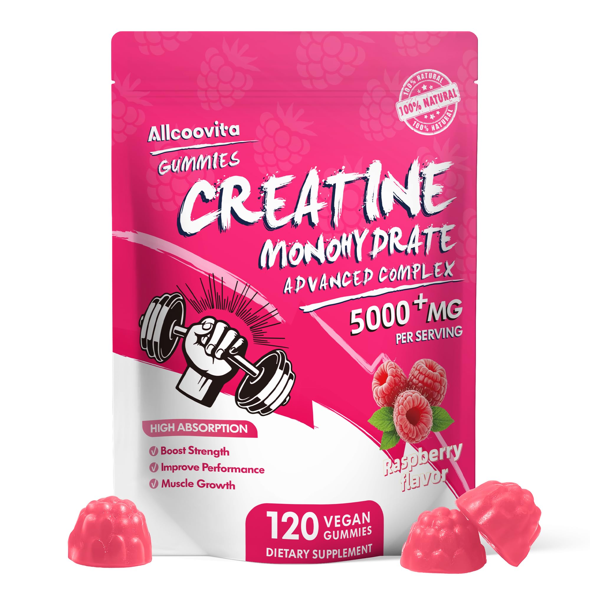 NSF Certified Creatine Gummy - Creatine Monohydrate Gummies 5000mg for Men & Women -120 Gummies Advanced Formula, Muscle Strength, Muscle Builder, Energy Boost, Pre-Workout Supplement-Raspberry Allcoovita uk supplements
