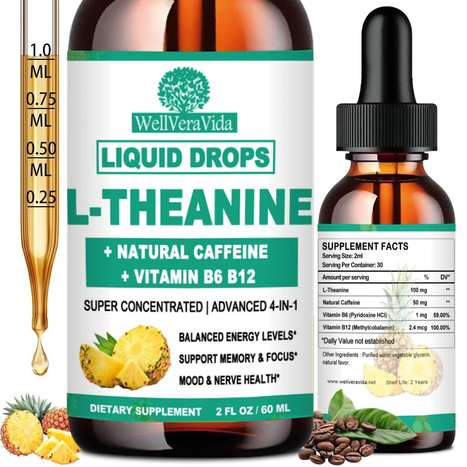 L Theanine Caffeine Liquid Drops, High Potency L-Theanine 100mg w. Caffeine Vitamin B12 B6, Natural Nootropic Brain for Smooth Energy Focus Alertness, 6X Stronger Than Pills Powder Gum WellVeraVida uk supplements