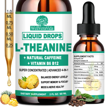 L Theanine Caffeine Liquid Drops, High Potency L-Theanine 100mg w. Caffeine Vitamin B12 B6, Natural Nootropic Brain for Smooth Energy Focus Alertness, 6X Stronger Than Pills Powder Gum WellVeraVida uk supplements