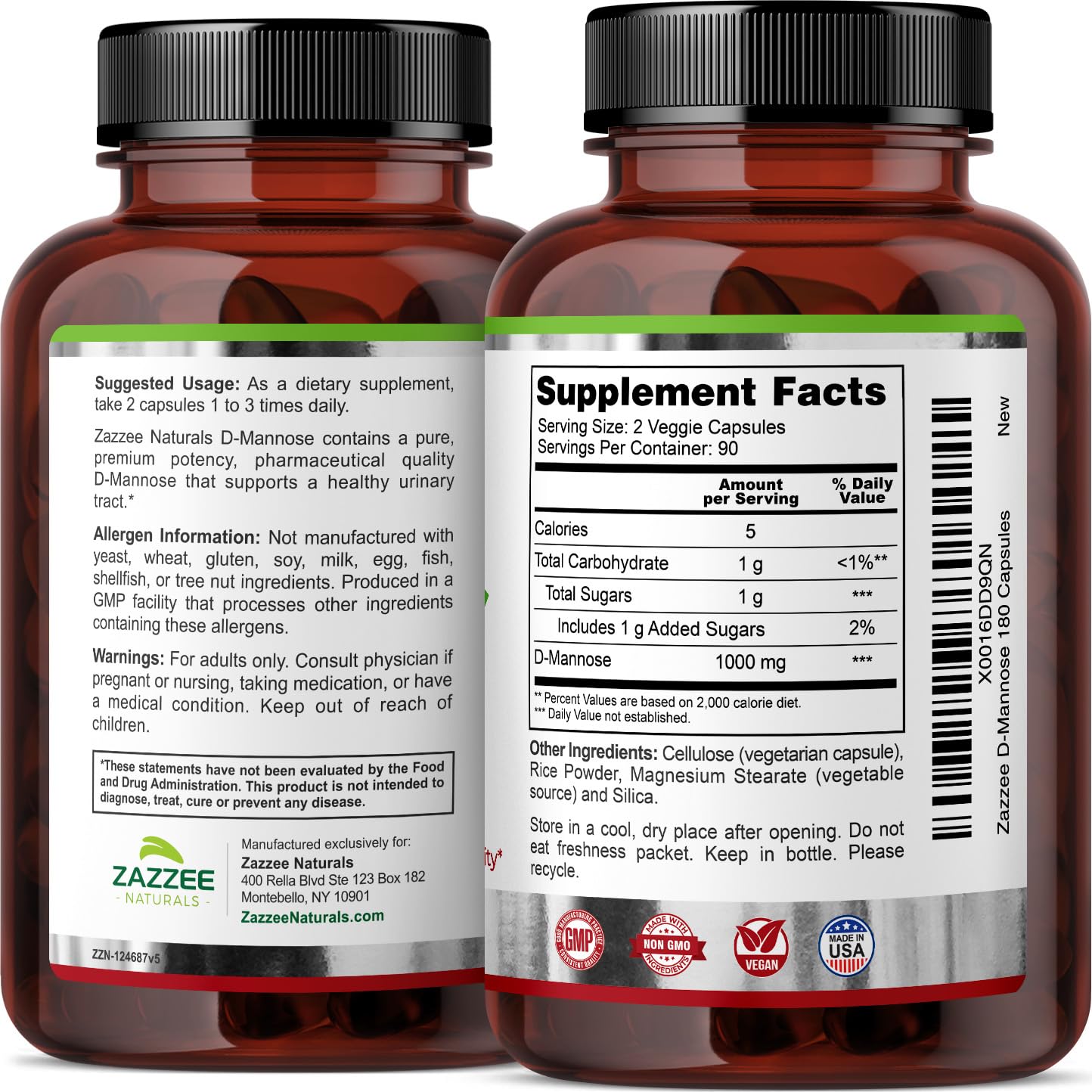 Zazzee D-Mannose, 1000 mg per Serving, 180 Vegan Capsules, 3 Month Supply, Potent Zazzee uk supplements