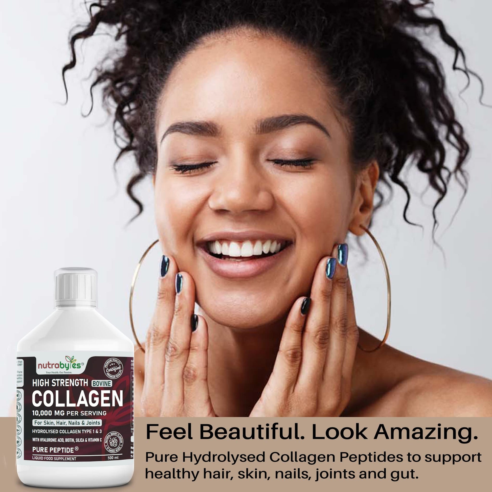 Collagen Liquid 10000mg, Hydrolysed Peptides | Hyaluronic Acid, Biotin, Silica, Vitamin C, Vitamin B12 NUTRABYTES uk supplements