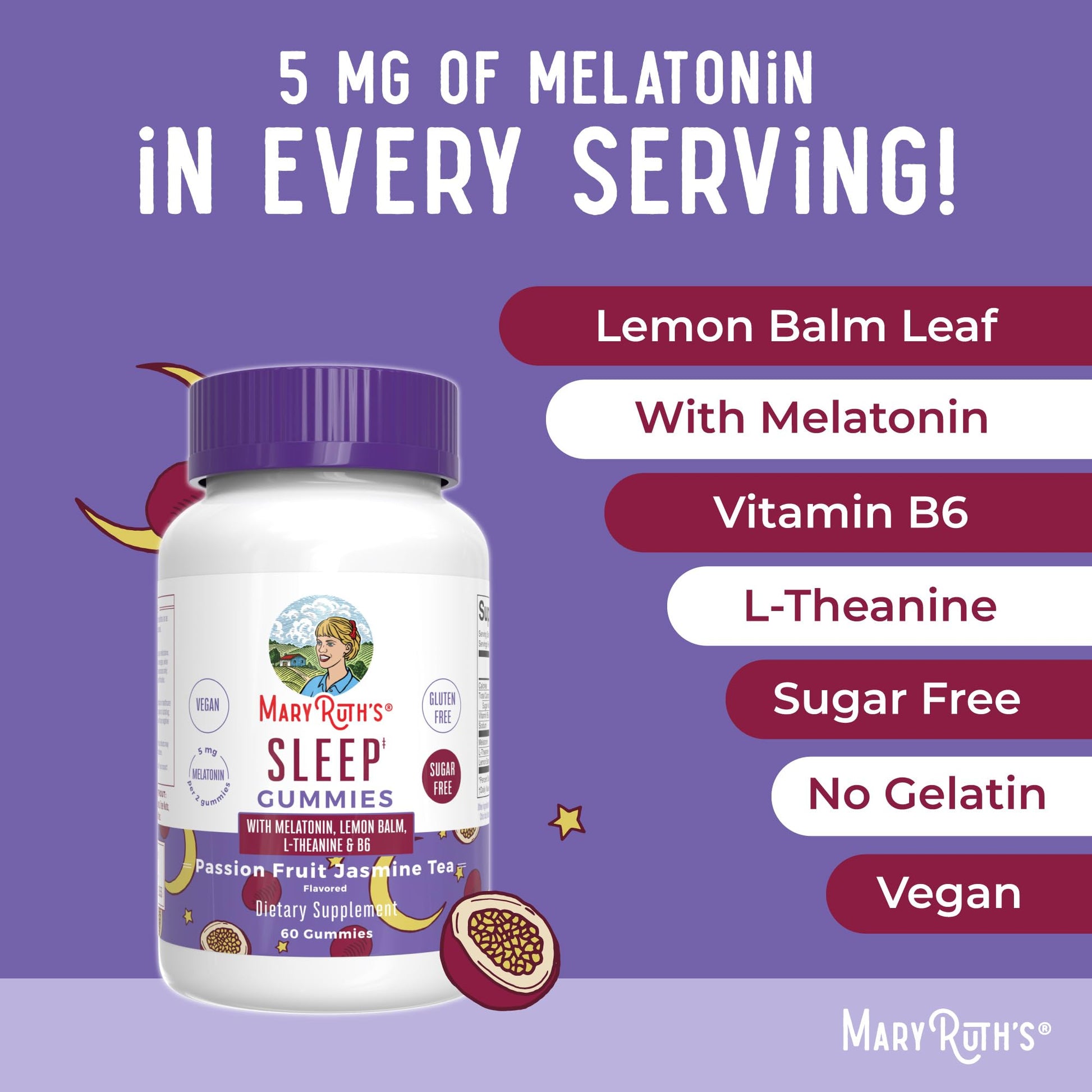 MaryRuth Organics Melatonin 5mg Sleep Gummy with L-Theanine | Lemon Balm | Vitamin B6 | Sugar-Free | Relaxation | Vegan | Non-GMO | Gluten Free | 60 Count MARYRUTH'S uk supplements