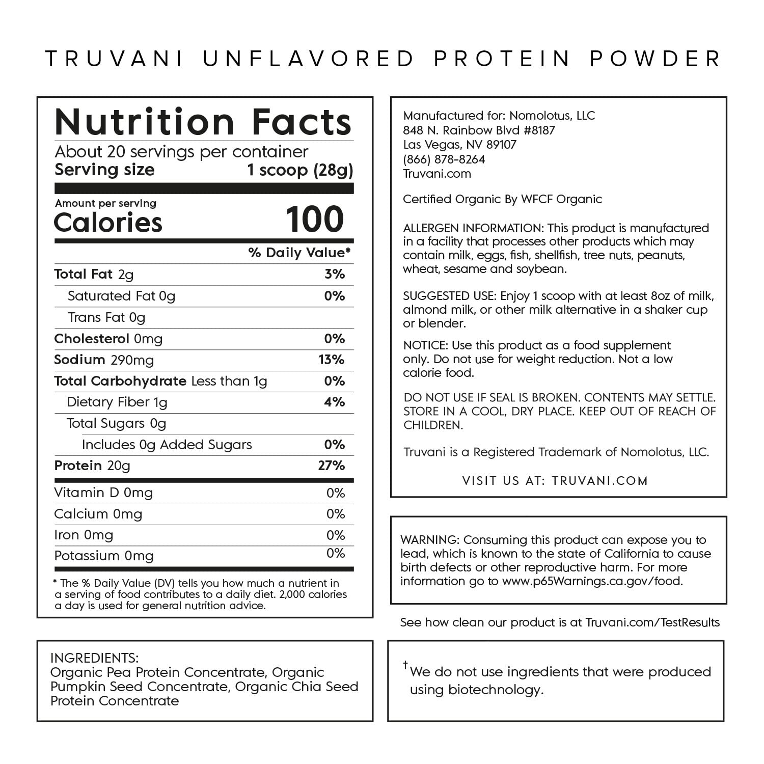 Truvani Organic Vegan Protein Powder Unflavored - 20g of Plant Based Protein, Organic Truvani uk supplements