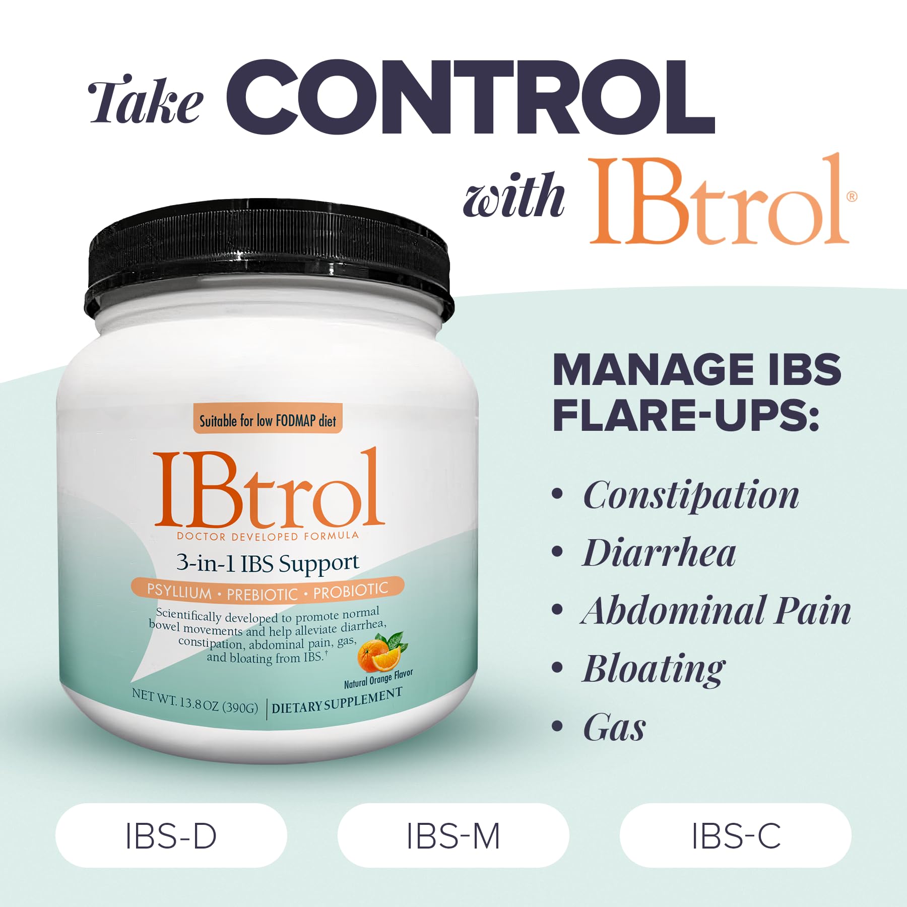 IBtrol® 3–in–1 IBS Gut Health Supplement with Psyllium, Prebiotic and Probiotics, Manages IBS Symptoms, Gas, Bloating, Diarrhea, Constipation, Abdominal Pain 60 Servings (Natural Orange Flavor) Medtrition uk supplements