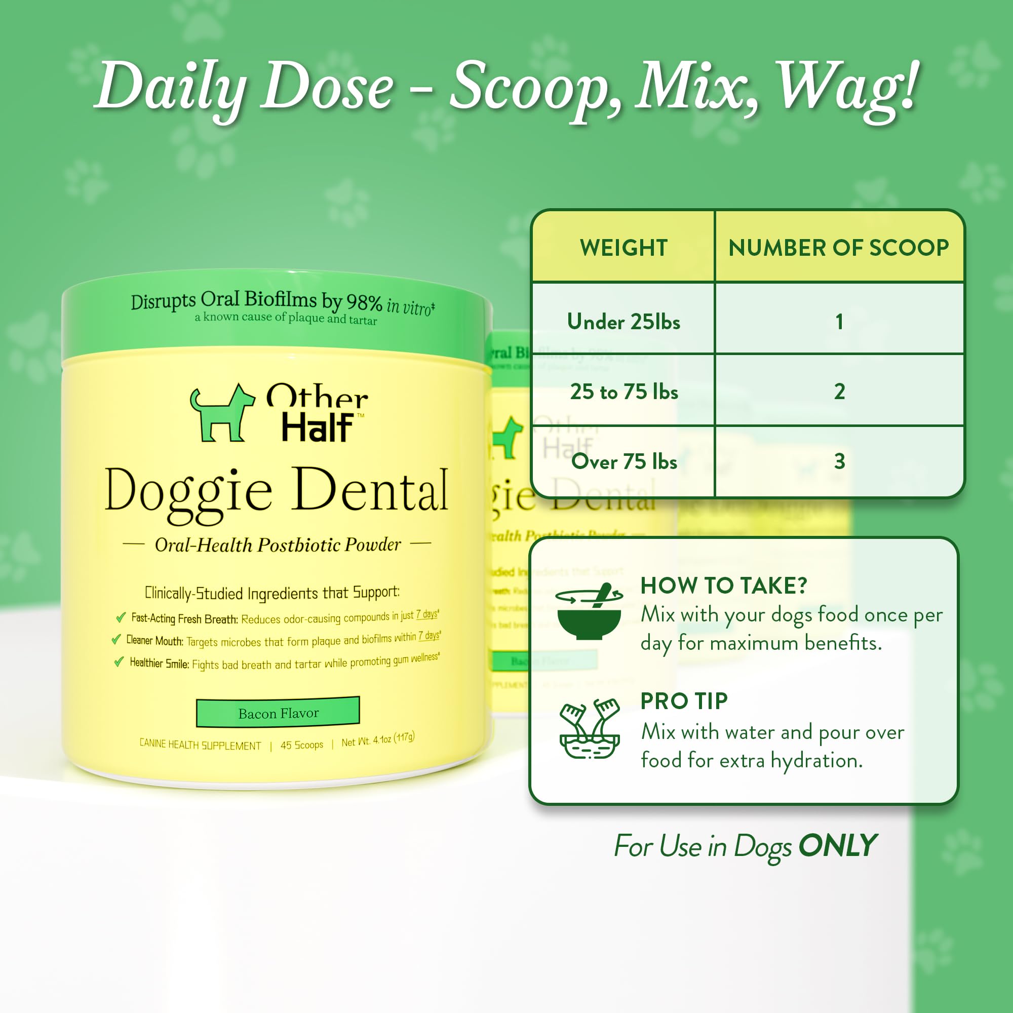 OTHER HALF Doggie Dental Supplement Powder - Dog Breath Freshener & Teeth Cleaning Made Easy - Oral Health Postbiotic for Dogs - Targets Tartar, Plaque & Bad Breath | 45 Scoops, Bacon Flavor OTHER HALF uk supplements