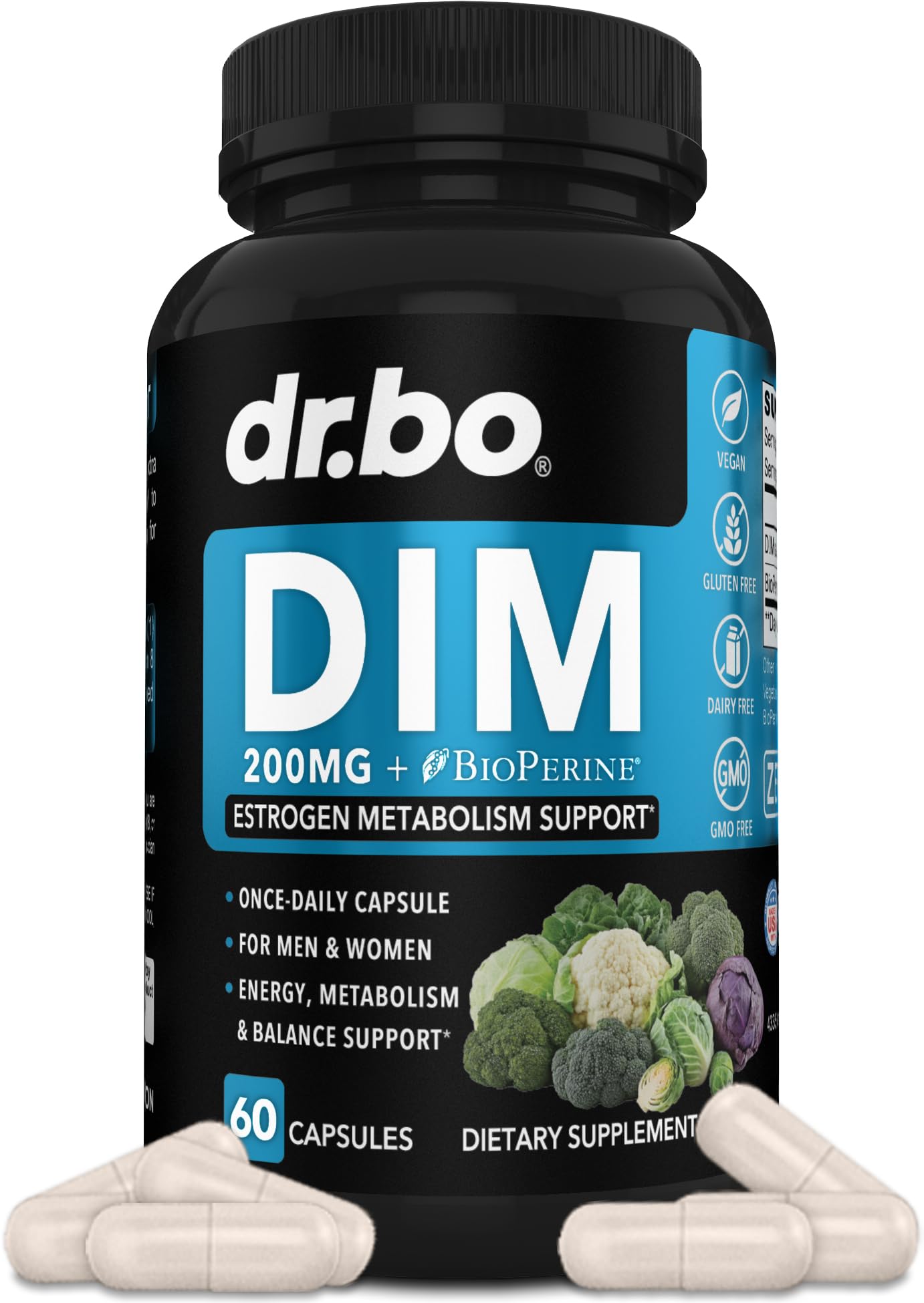 DIM Supplement for Women & Men 200mg - Androgen Estrogen Blocker for Men & Women, Hormonal Acne Pills, Hormone Balance, Menopause Support, Diindolylmethane DIM Supplement Plus BioPerine - 60 Capsules DR. BO uk supplements