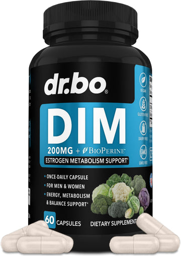DIM Supplement for Women & Men 200mg - Androgen Estrogen Blocker for Men & Women, Hormonal Acne Pills, Hormone Balance, Menopause Support, Diindolylmethane DIM Supplement Plus BioPerine - 60 Capsules DR. BO uk supplements