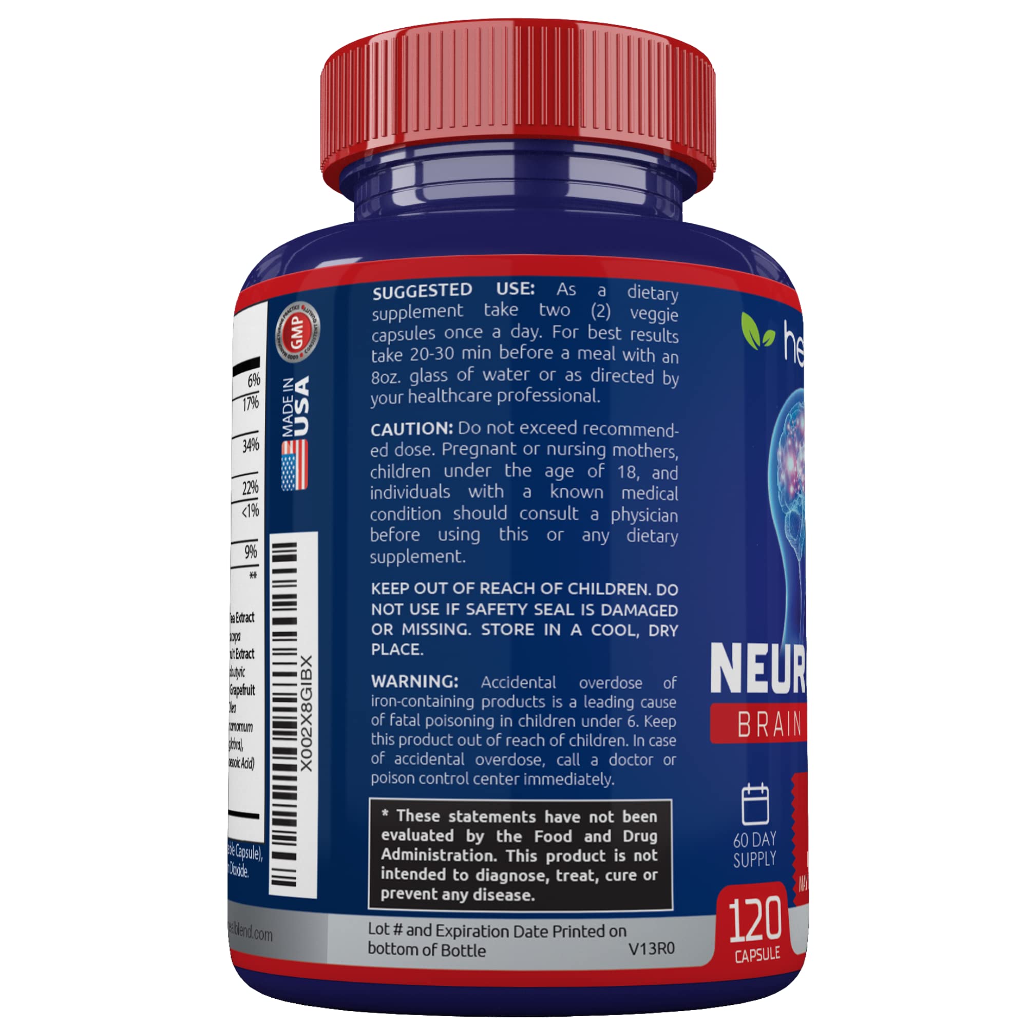 Neuro Plus Brain & Focus Formula - Nootropic Brain Booster Supplement, Supports Brain Health, Mental Clarity & Focus - Enhances Concentration & Mental Energy – 120 Capsules (1) healblend uk supplements