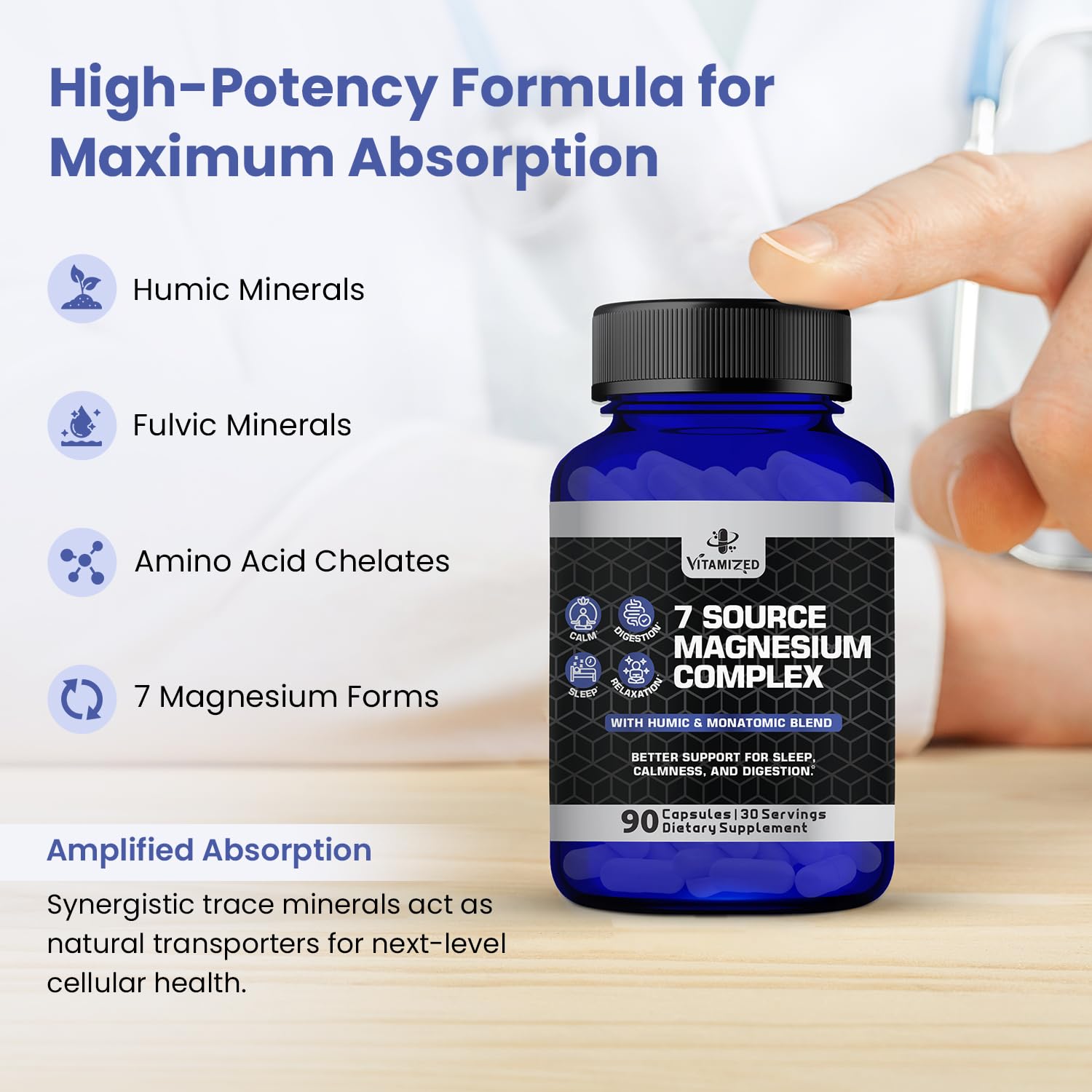 Magnesium Complex for Sleep, Relaxation, Digestion & Calm – Magnesium Glycinate, Citrate, Bisglycinate, Carbonate, Malate, Orotate, Taurate, + Humic/Fulvic for High Absorption - 90 ct. VITAMIZED uk supplements