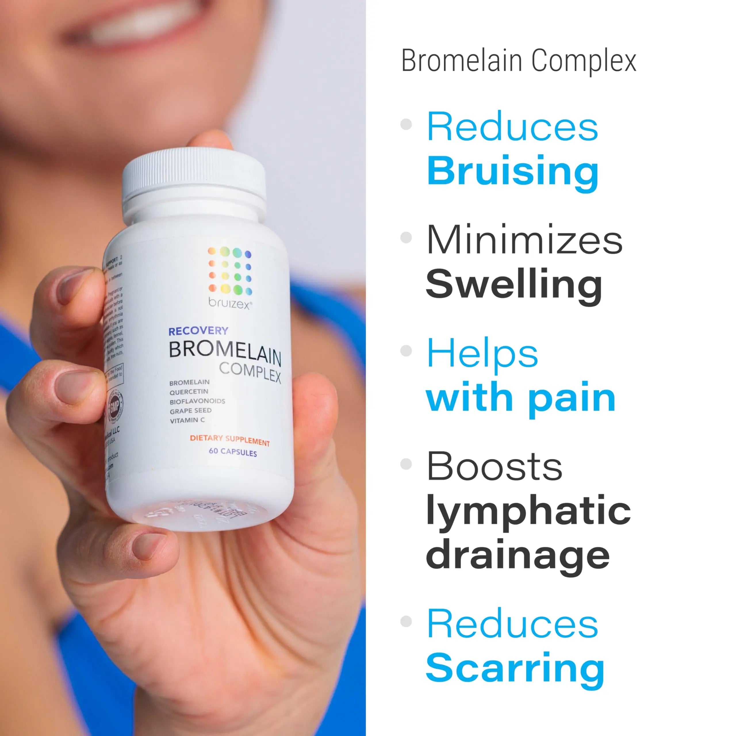 Bruizex Bromelain & Quercetin Recovery Complex - Post Surgery Recovery Bruising, Swelling Relief, Lymphatic Drainage - Post 360 lipo, BBL, Liposuction, Tummy Tuck - Non GMO - 60 Capsules Bruizex uk supplements