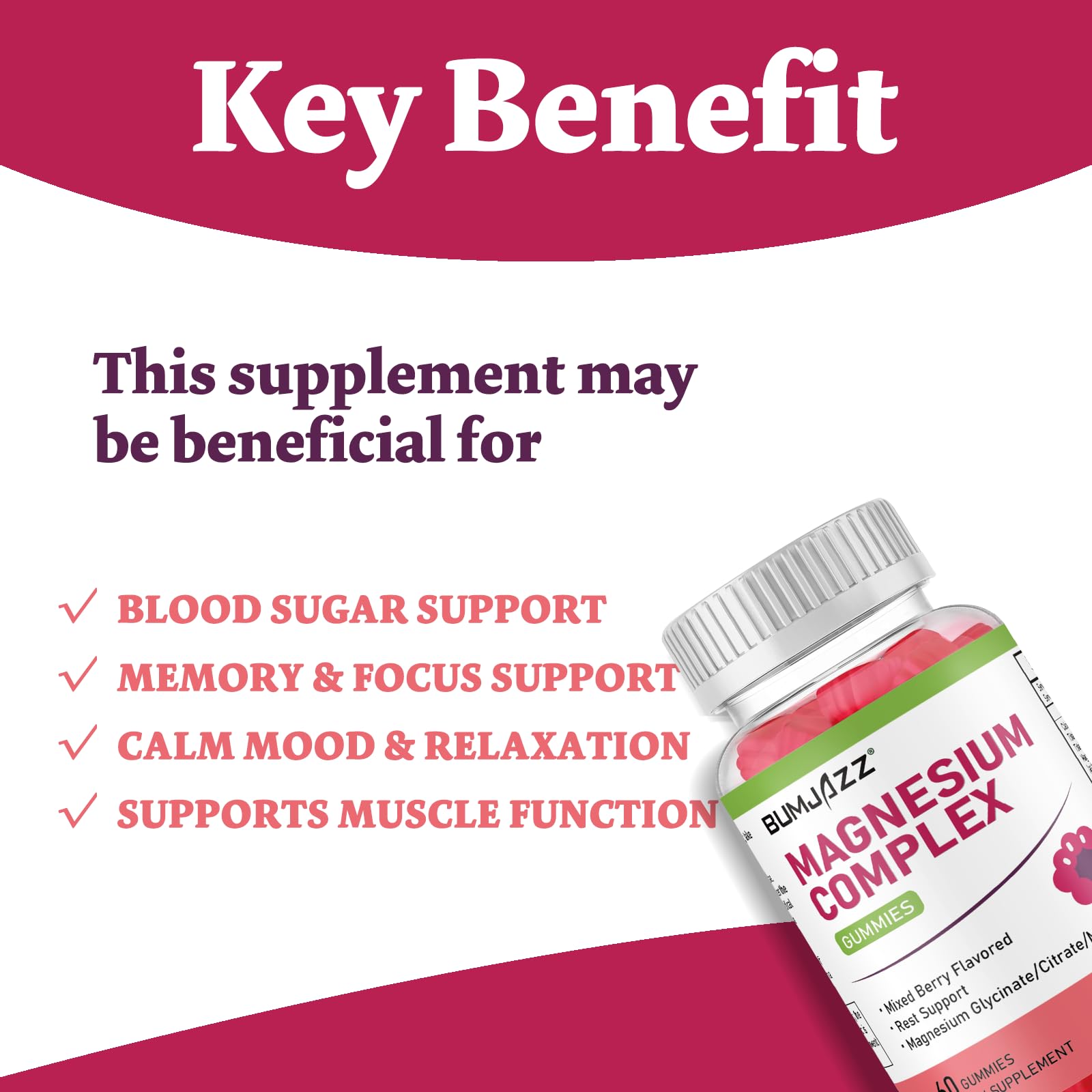 Magnesium Complex Gummies 800mg - 60 Counts Magnesium Glycinate&Citrate&Malate Gummy for Rest Muscle Function Bumjazz uk supplements