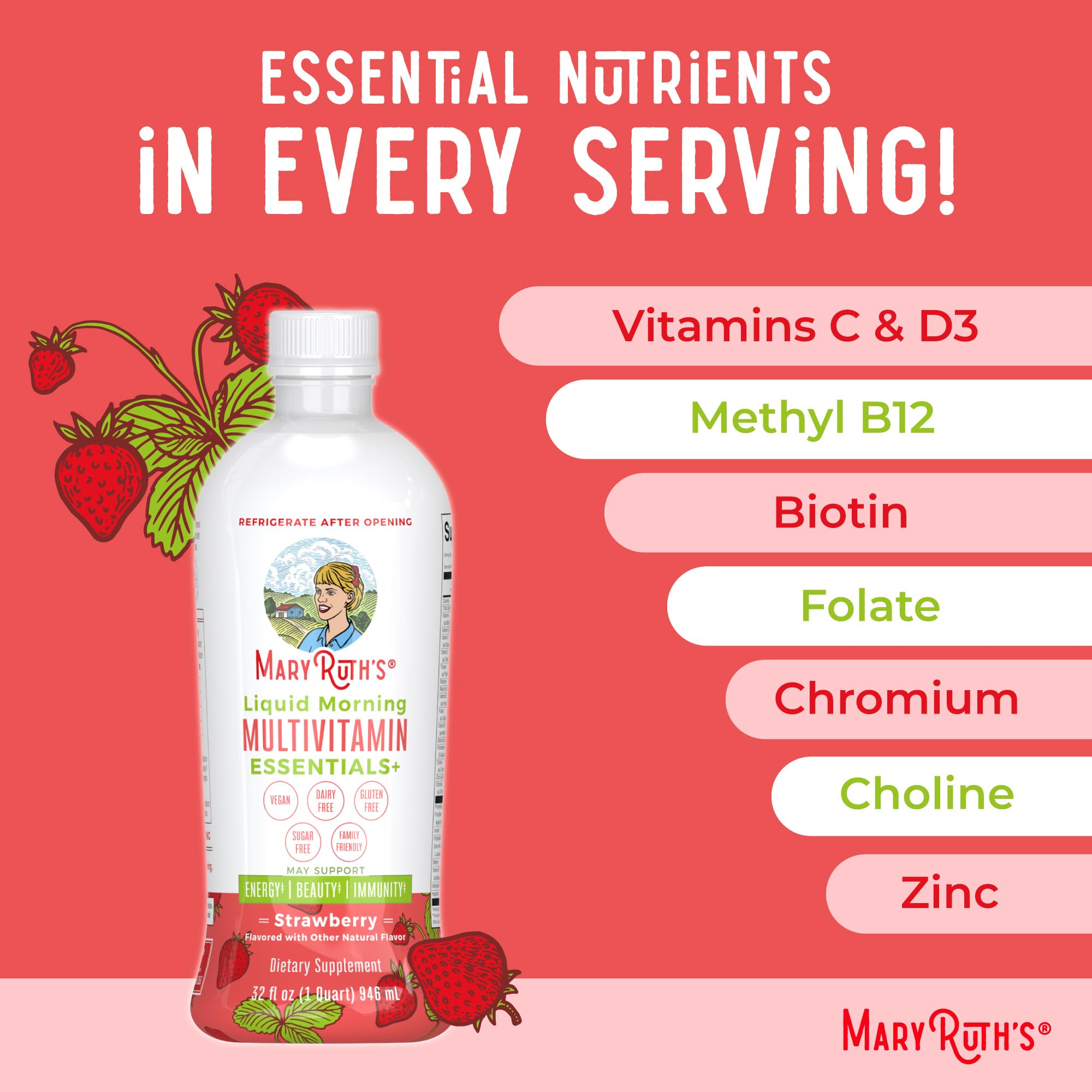 MaryRuth's Liquid Morning Multivitamin Essentials+ | Vitamin A C D E B6 B12 K2 Biotin Zinc | Mens Womens Multivitamin | Immune Support | Beauty | Sugar Free | Vitamins for Ages 1+ | Vegan | 32 Fl Oz MARYRUTH'S uk supplements