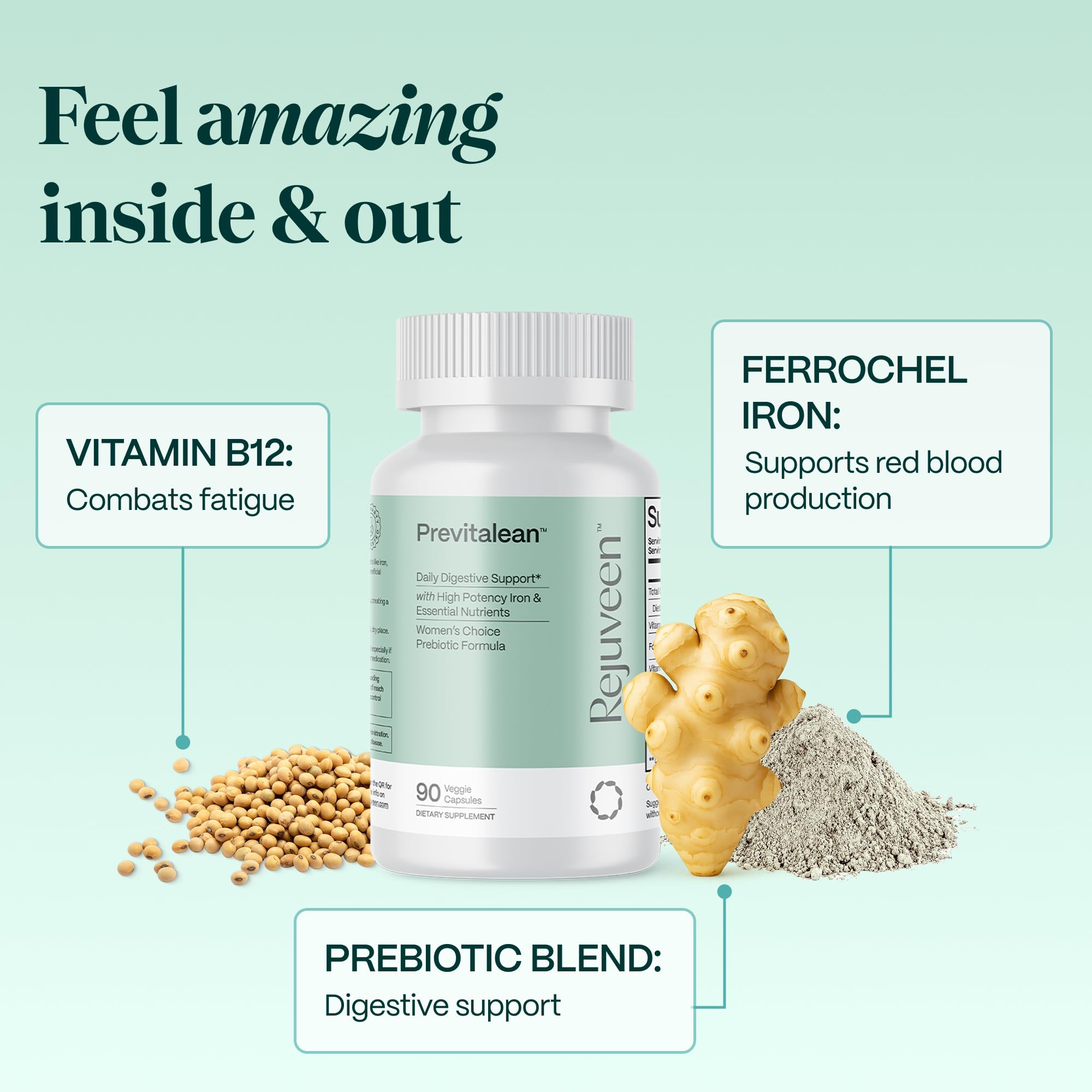 Rejuveen Previtalean | Prebiotic Fiber Supplement for Women | Supports Gut Health & Red Blood Cell Production | Contains Highly Bioavailable Iron, Folate & Vitamin B12 | 90 Ct, 30 Servings Rejuveen uk supplements