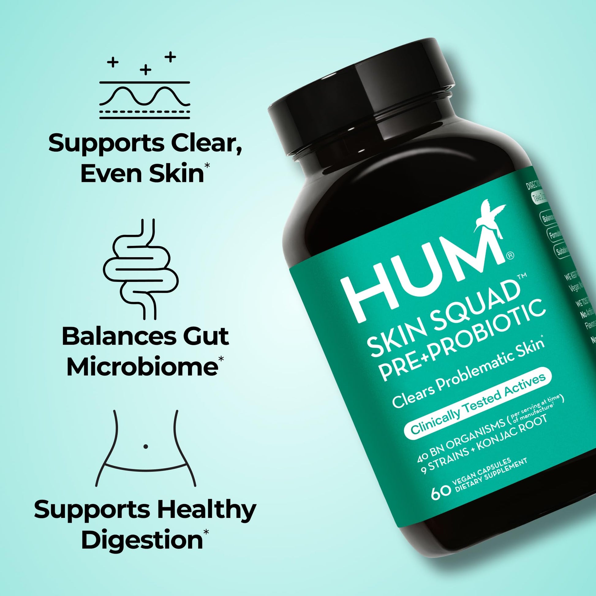 HUM Skin Squad Probiotics for Women and Men, Skin Care Supplement for Clear Complexion & Gut Health Support, Microbiome Prebiotic & Probiotic Supplement for Breakouts, Digestive Health, 60 Capsules HUM uk supplements