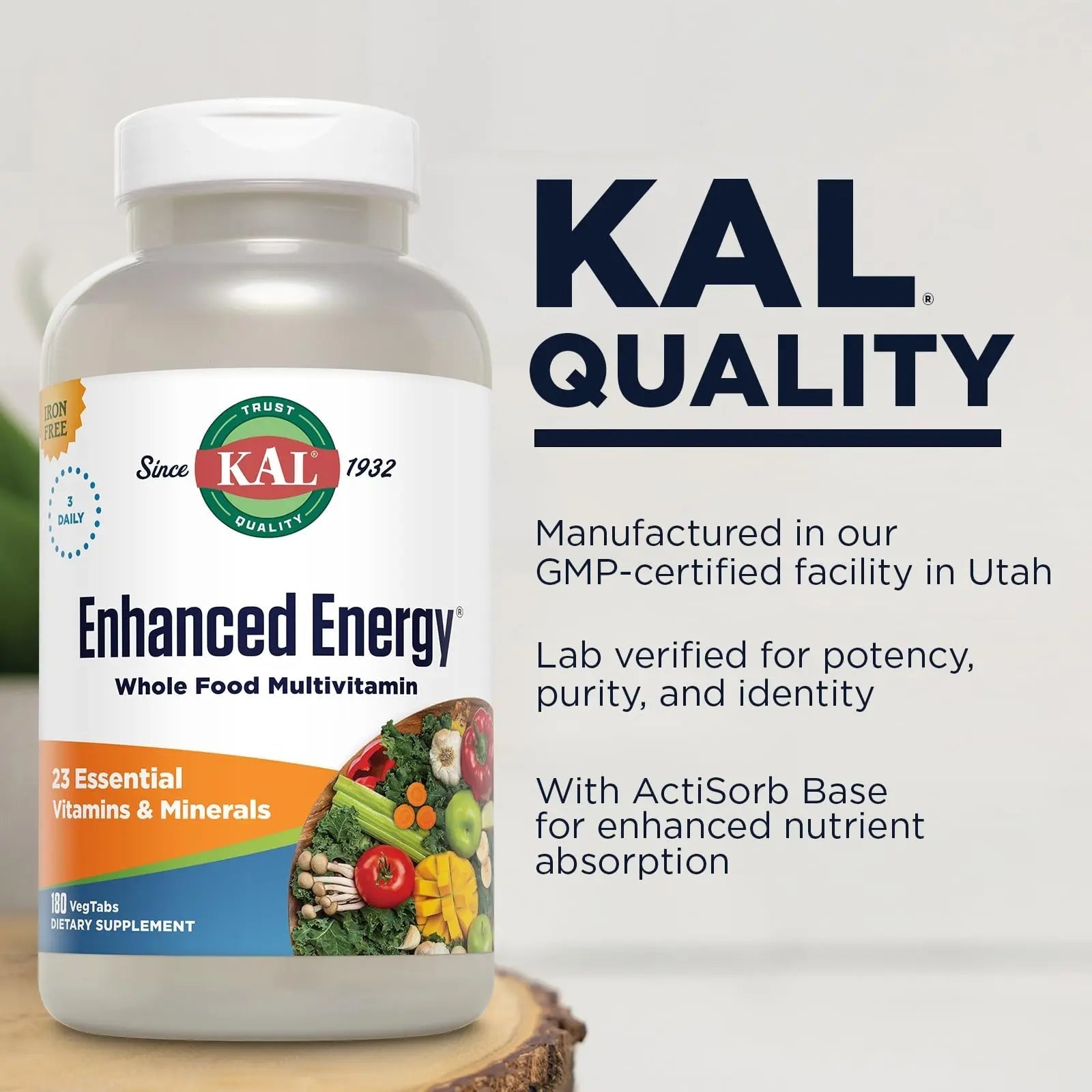 KAL® Enhanced Energy Multivitamin | Whole Food Based Vitamins & Minerals w/ Antioxidants, Digestive Enzymes & Natural Carotenoids | 180 Capsules KAL uk supplements