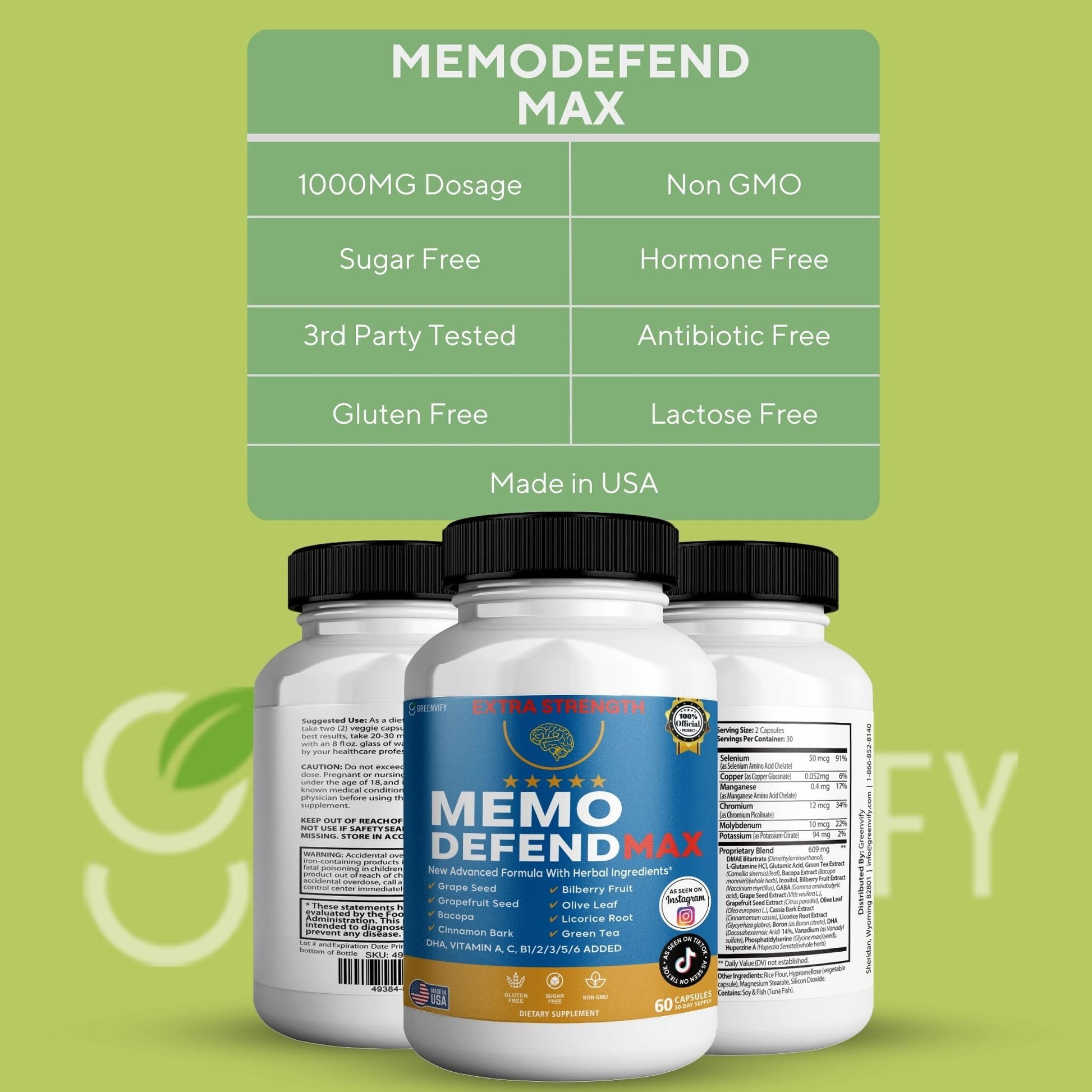 Memo Defend Max Memory Support Supplement, 60 Capsules, with Vitamins A C D E B Complex, DHA, Bacopa, Grapefruit Seed (1) GREENVIFY uk supplements