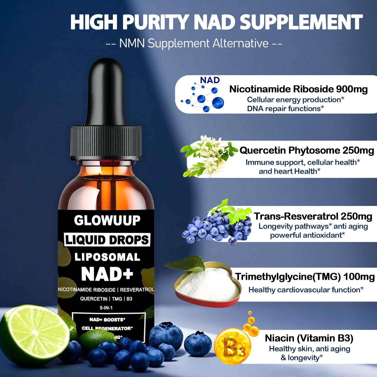 NAD Supplements for Women & Men, Liposomal NAD Nicotinamide Riboside Resveratrol 900mg w. B3 Vitamin Quercetin TMG, Liquid Resveratrol NAD Plus Supplement for Anti-Aging Energy Focus Longevity GLOWUUP uk supplements