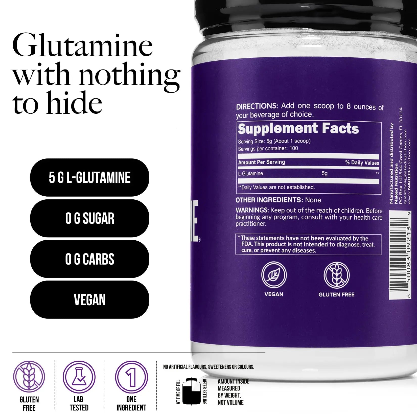 Pure L-Glutamine Made in The USA - 100 Servings - 500g, 1.1lb Bulk, Vegan, Non-GMO, Gluten and Soy Free. Minimize Muscle Breakdown & Improve Protein Synthesis. No Additives NAKED uk supplements