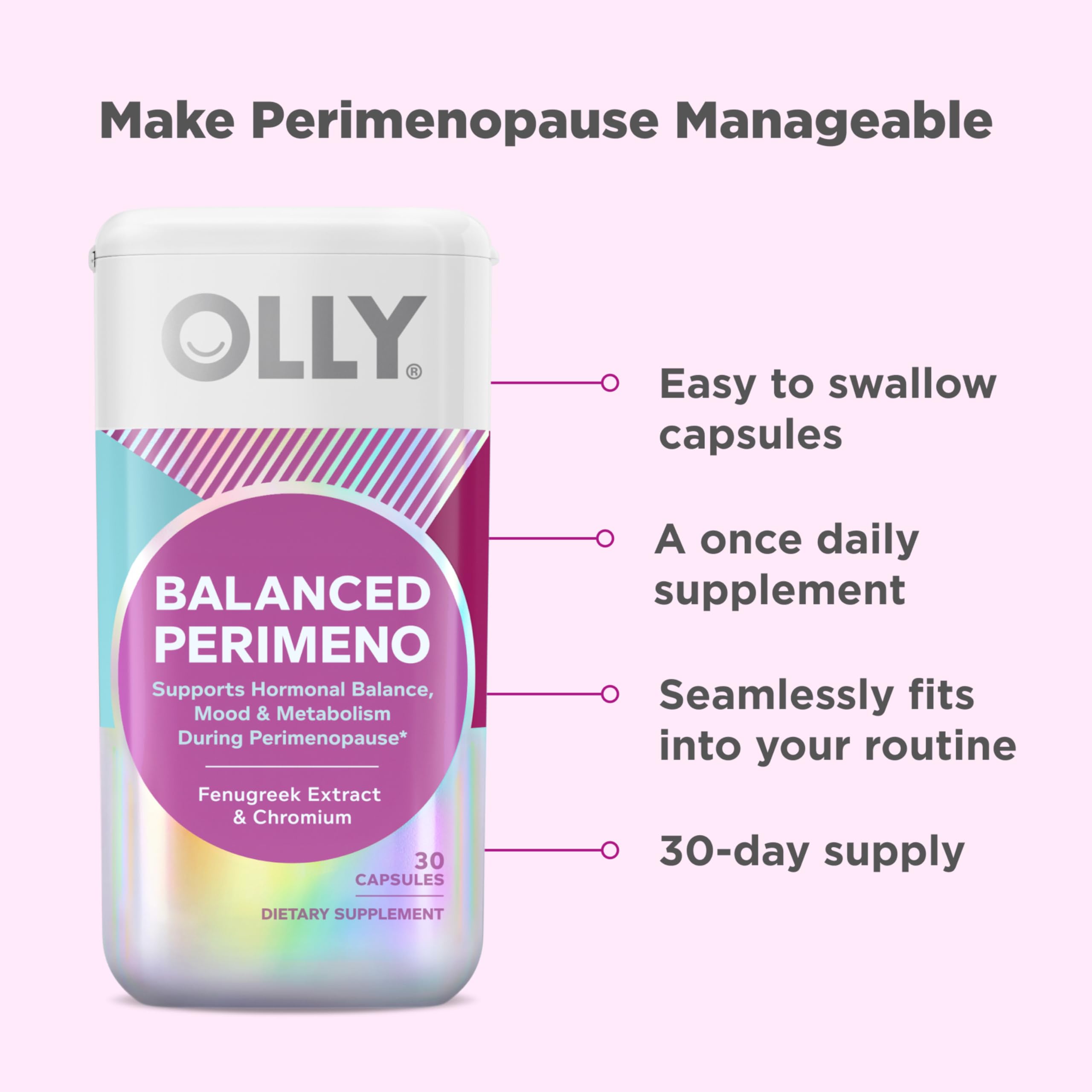 OLLY Balanced Perimeno Capsules, Supports Hormonal Balance, Mood & Metabolism During Perimenopause,* Fenugreek Extract, Chromium, 30 Day Supply - 30 Count OLLY uk supplements