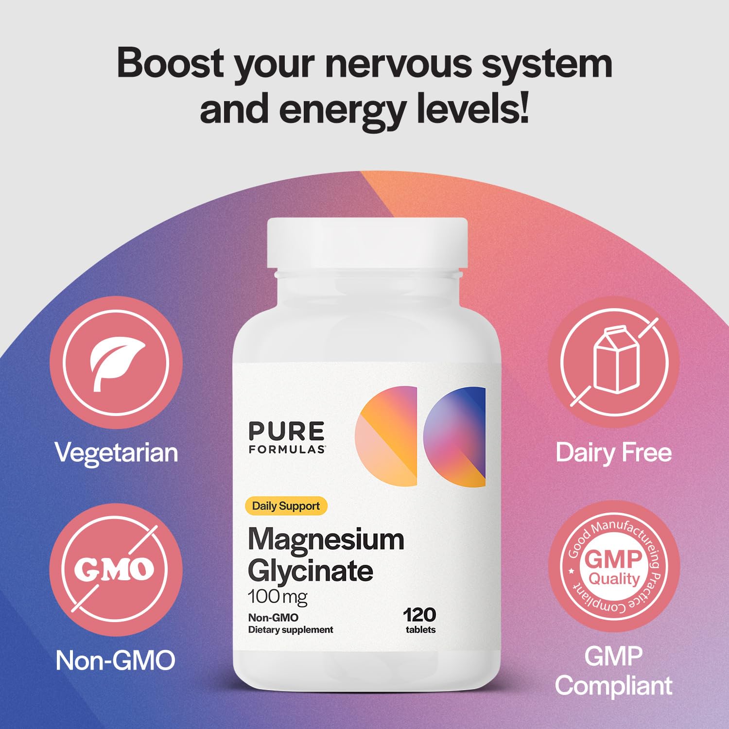 PureFormulas Magnesium Glycinate 100 mg Daily Support for Stress, Nerves, Sleep, Muscles, Metabolism Pure Magnesium Glycinate Supplement for Women and Men Magnesio Non-GMO 120 Tablets PureFormulas uk supplements