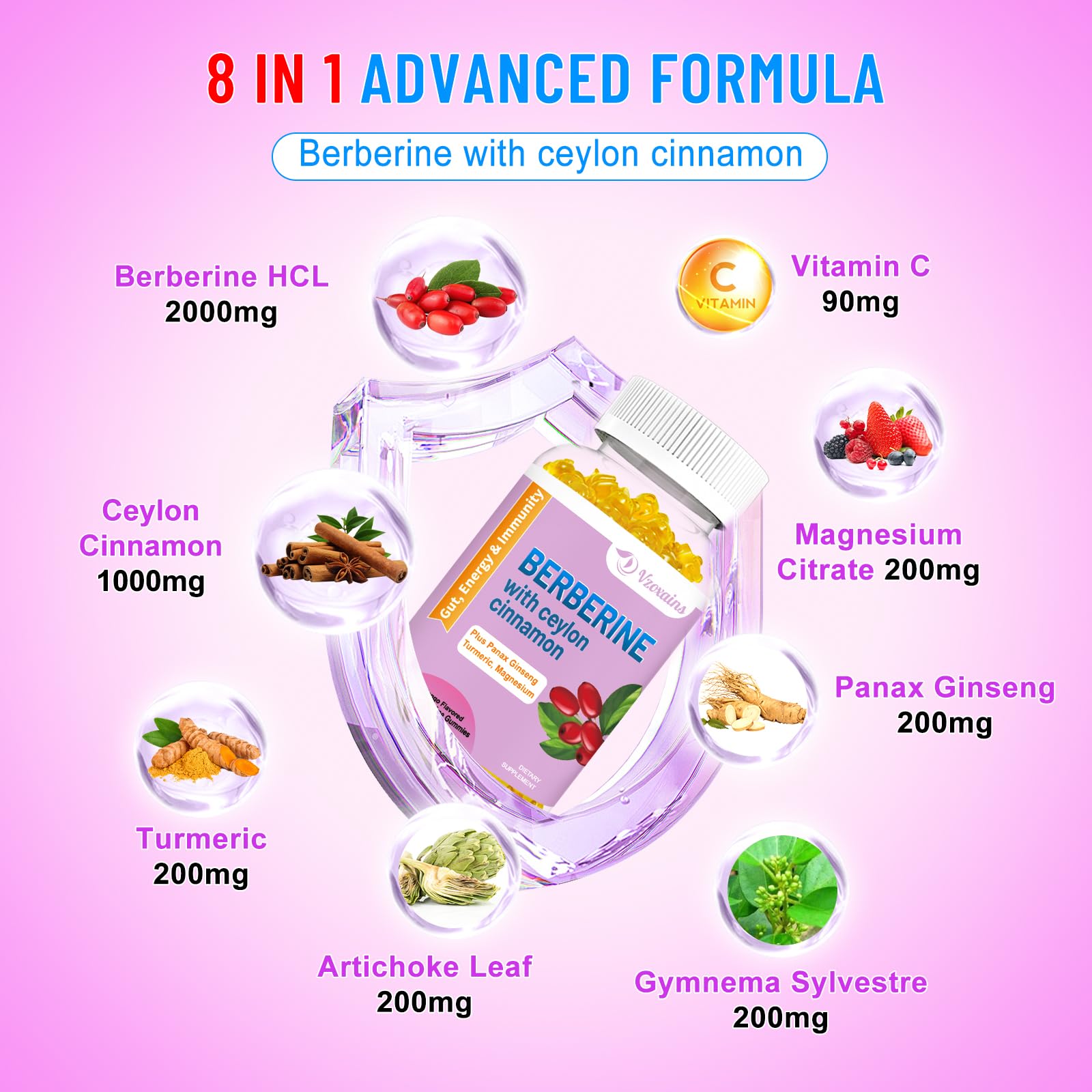 2 Pack Berberine with Ceylon Cinnamon Gummies, 2000mg High Potency Berberine HCI VZOXAINS uk supplements