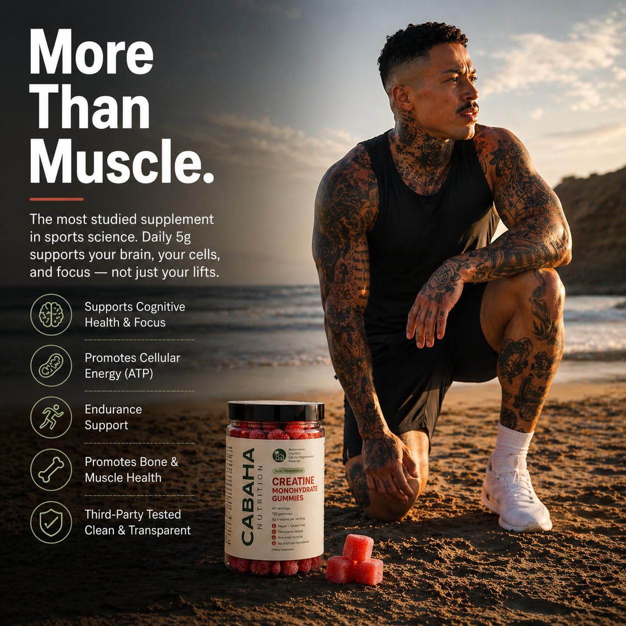 Creatine Monohydrate Gummies 5g - Only 2g Sugar, Made in USA - Sour Watermelon Flavor - Vegan & 3rd Party Tested - Pre & Post Workout Supplement for Women and Men (120 Count, 40 Servings) Cabana Nutrition uk supplements