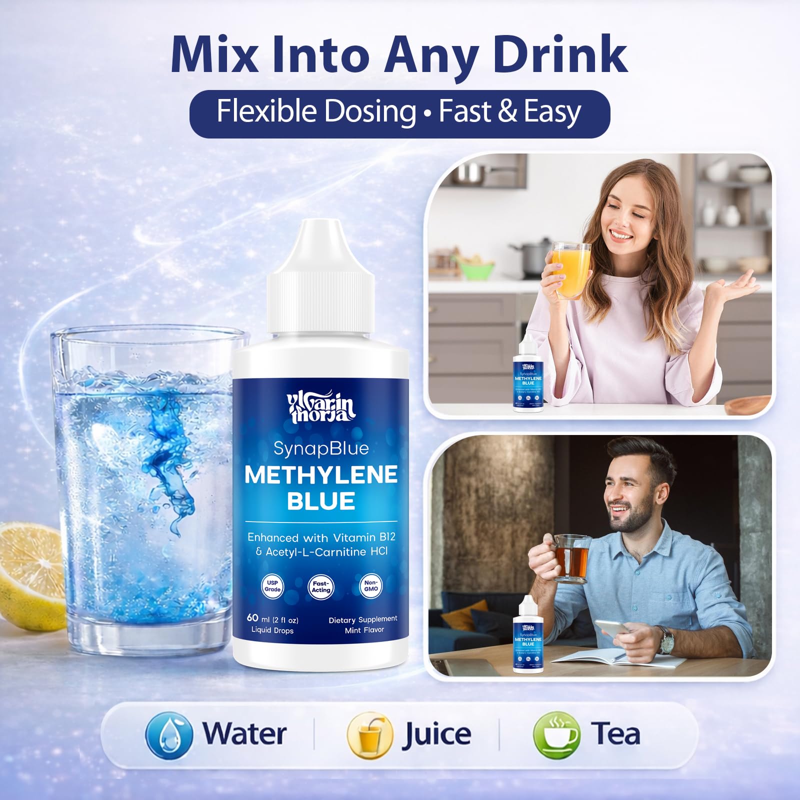 Methylene Blue Drops for Humans, 1% USP Grade – Dropper-Free No-Touch Bottle, Brain Supplement for Memory and Focus – Fast-Acting Nootropic with Methyl B12 & ALCAR – Caffeine-Free, Mint Flavor, 2oz YLVARIN THORIA uk supplements