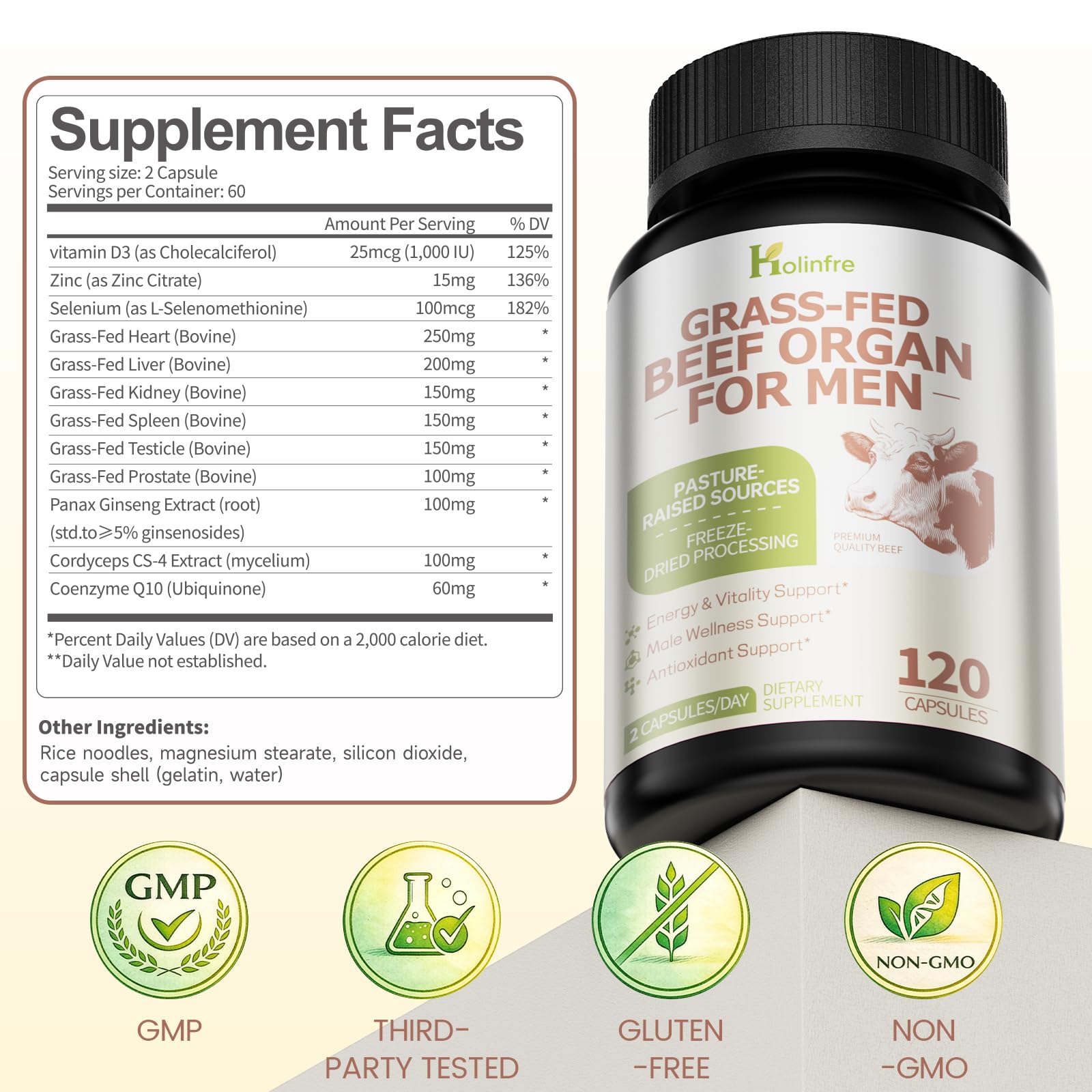Grass Fed Beef Organ Supplement for Men - Beef Liver Capsules,Pasture Raised Beef Organs with Heart, Liver, Kidney, Spleen, Testicle & Prostate, Zinc, Selenium, Vitamin D3, Ginseng, Cordyceps HOLINFRE uk supplements
