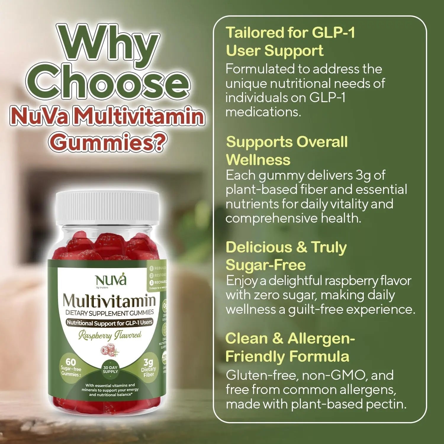 NuVa GLP-1 Support Multivitamin Gummies for Men & Women: Raspberry, Sugar-Free, 3g Fiber for Digestion & Gut Health NuVa uk supplements