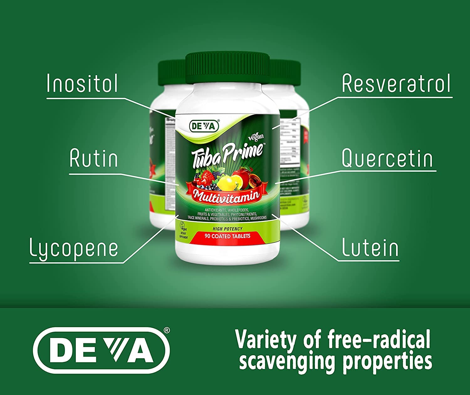 DEVA Tuba Prime Vegan Multivitamin Iron-Free High-Potency Vitamin & Mineral Dietary Supplement Antioxidants, Fruit & Veg Blend, Super Mushrooms, Probiotics, Prebiotics, Seeds, Herbs 90 Tabs 2-Pack DEVA uk supplements