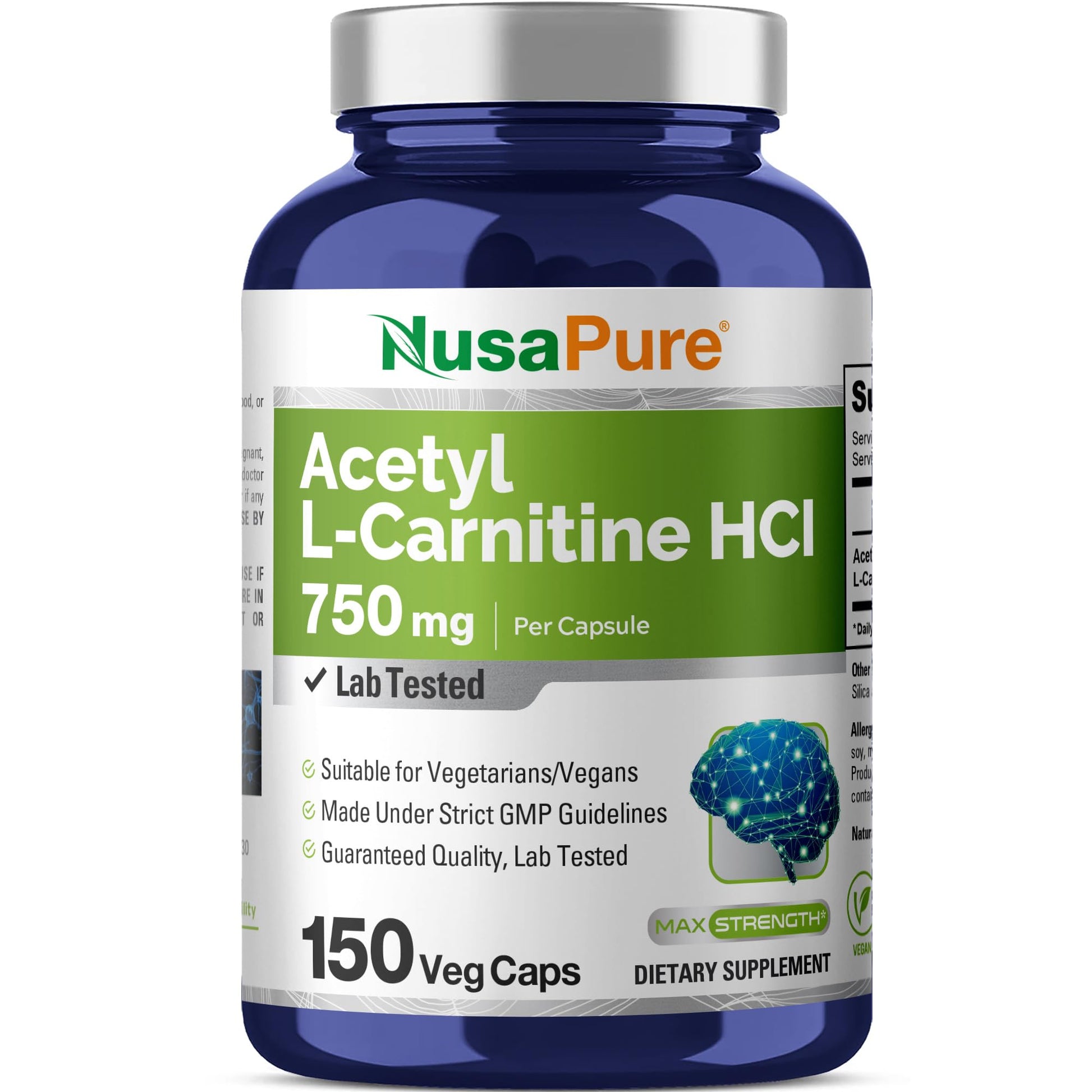 NusaPure Acetyl L-Carnitine 750mg per Caps 150 Veggie Capsules (Non-GMO, Vegan) High Potency Acetyl L Carnitine HCL (ALCAR) NusaPure uk supplements
