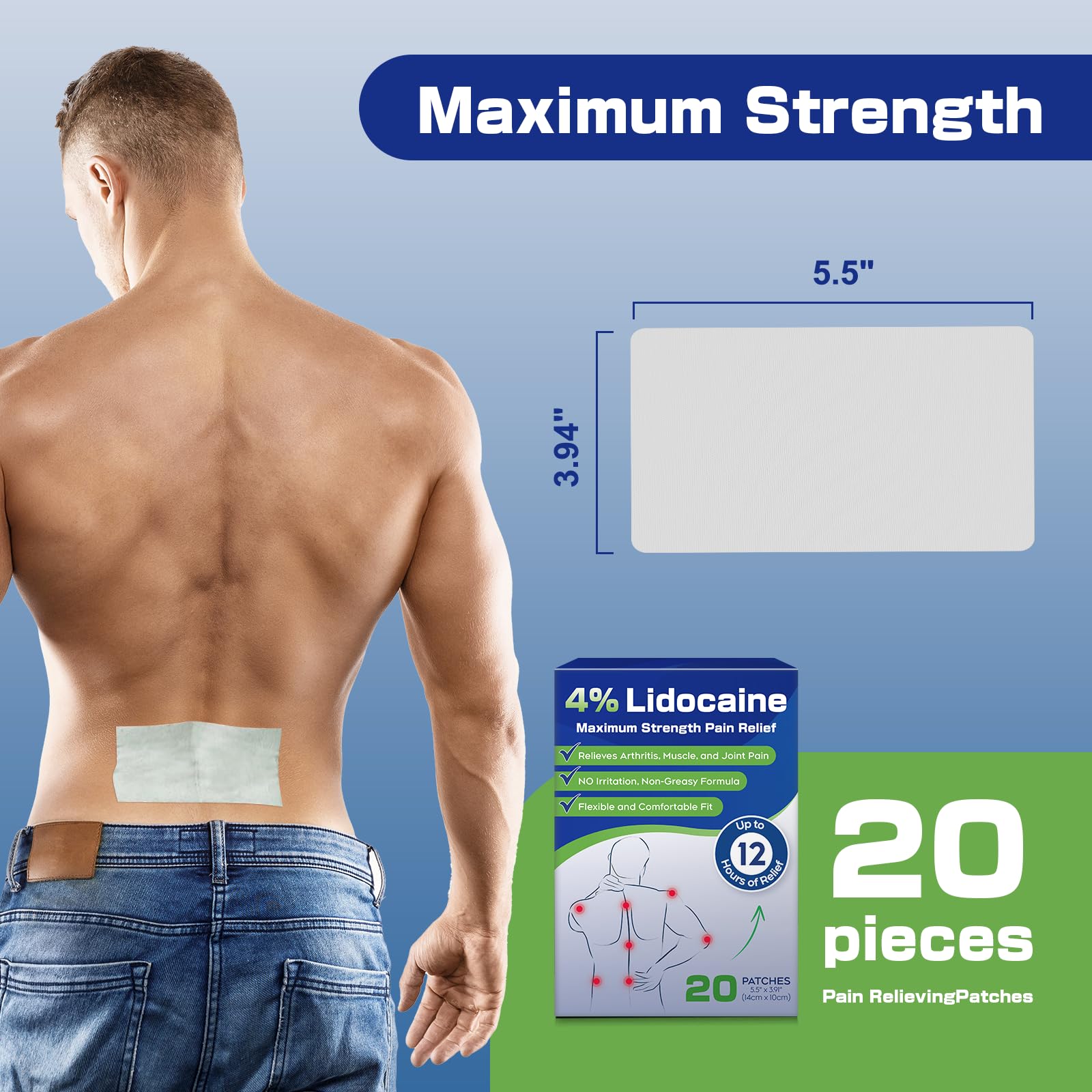 Uposiut 4% Lidocaine Patches - 20 Count Maximum Strength Lidocaine Patches, 10 Packs of 2 Patches for Muscle Pain Relief in The Neck, Shoulders, Back, Knees, and Anks, 12 Hour Pain Relief-012345 Uposiut uk supplements