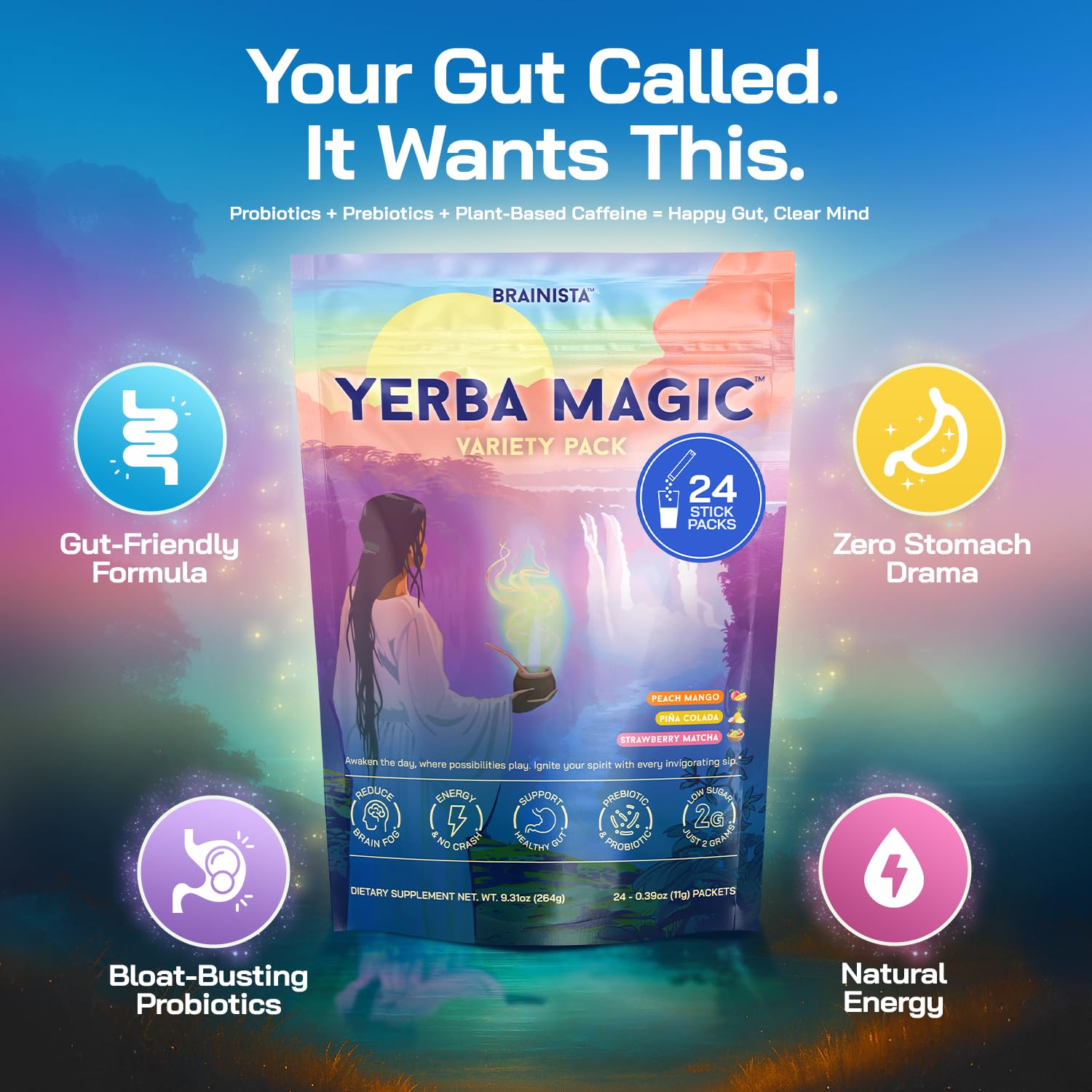 Yerba Magic Instant Yerba Mate Powder Packets – Clean Energy & Focus Drink Mix for Gut Health – Nootropic Blend with Lion’s Mane, L-Theanine, Prebiotics & Probiotics – Low Sugar Natural Caffeine – Variety Pack, 24 Sticks Brainista uk supplements