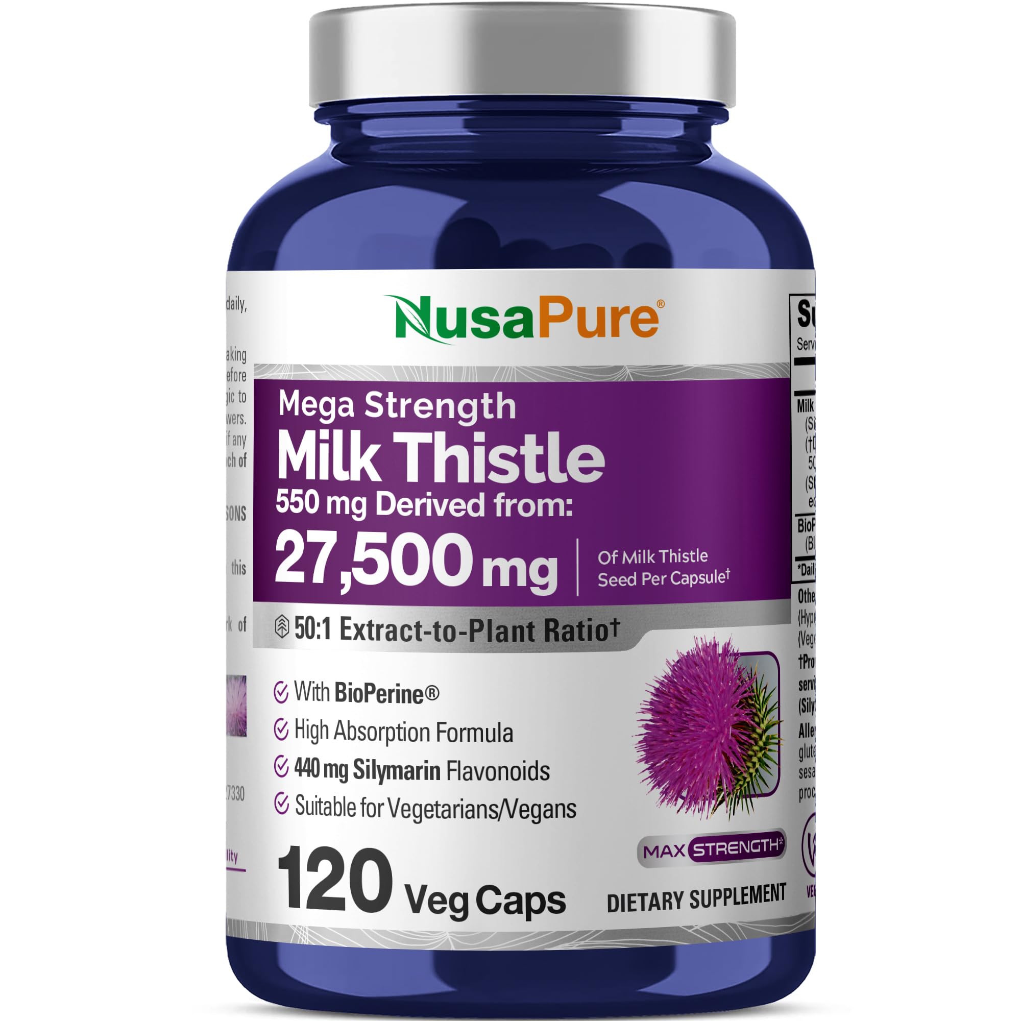NusaPure Milk Thistle 50:1 Extract, 550 mg Equivalent to 27,500mg 120 Veggie Capsules Non-GMO, Vegan Max Strength - Standardized 80% Silymarin, Bioperine NusaPure uk supplements