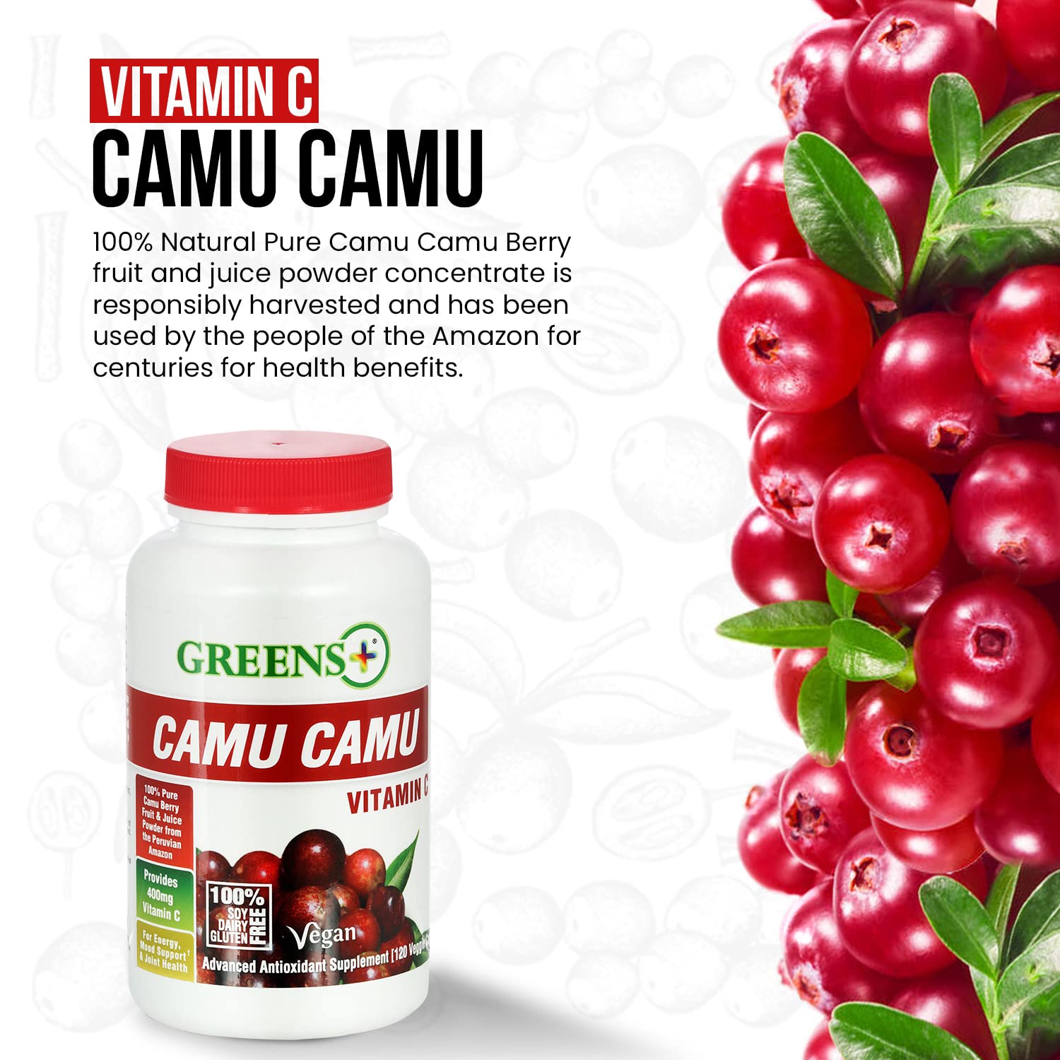 Greens+ Organic Reds Superfood Powder Camu Camu Dietary 400mg Vitamin C SuperFruit Supplement 120 Capsules, 100% Natural, Vitamins & Minerals, Vegan, Soy/Dairy/Gluten Free Greens+ uk supplements