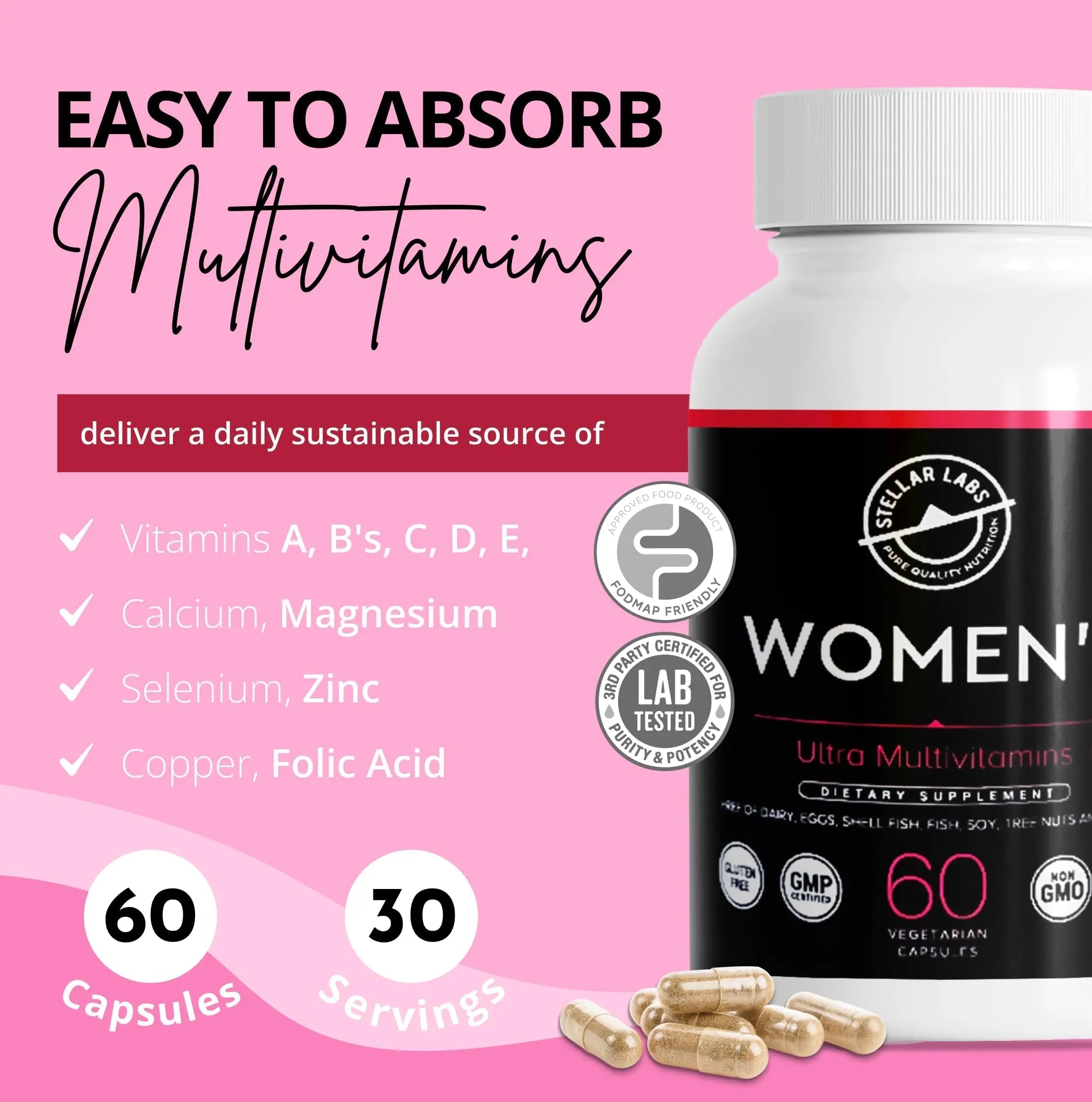 Stellar Labs Low FODMAP Vegan Women's Ultra Multi-Vitamin | Easy to Digest Daily Multivitamin Without Iron | Low Energy Supplement, Female Support | Stellar Labs uk supplements