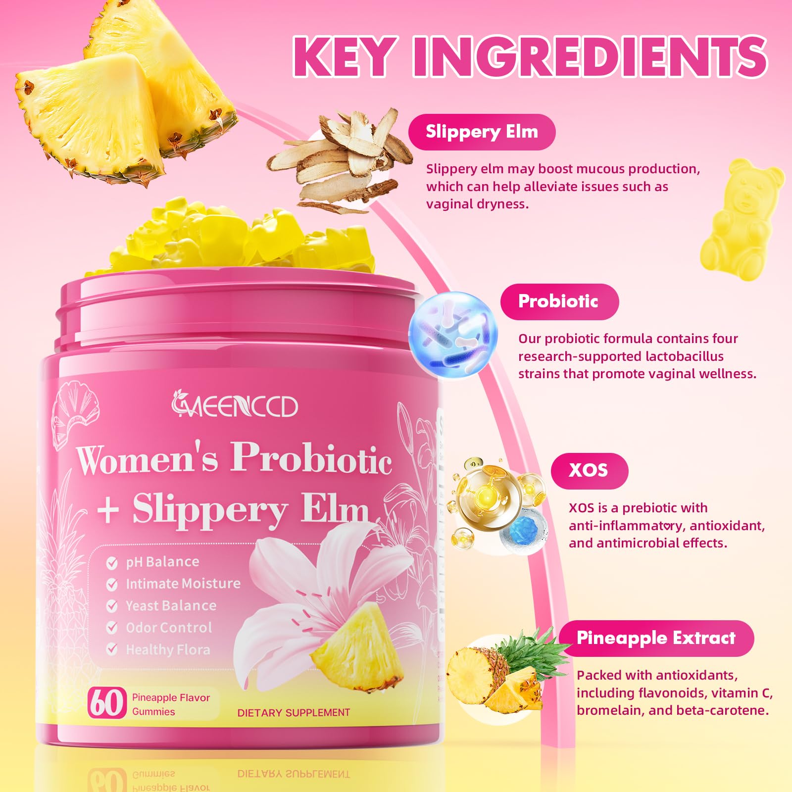 MEENCCD Her Juicy Feminine Probiotics Gummies with Slippery Elm & Lactobacillus Blend, Supports pH Balance & Immune Function, Promotes Vaginal Wellness, Pineapple Flavor, 60 Count MEENCCD uk supplements
