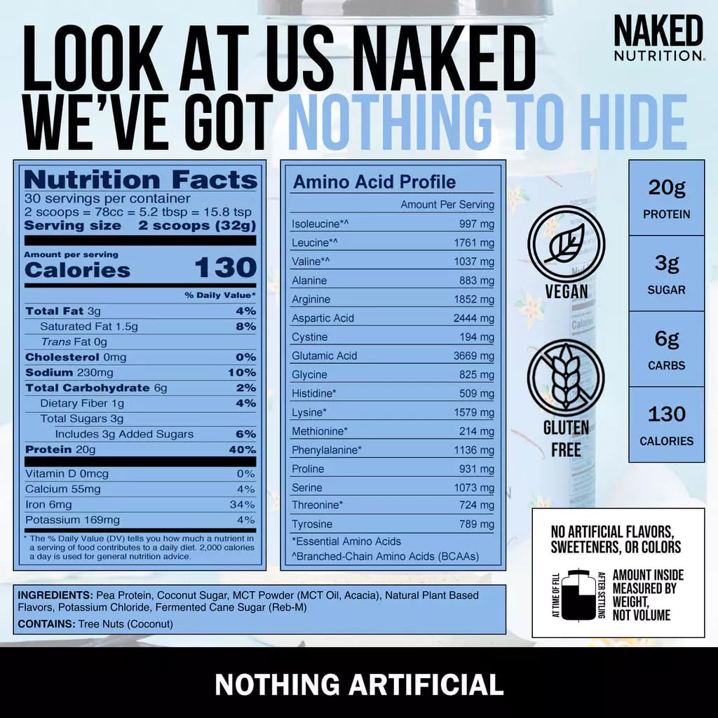 NAKED Shake - Vanilla Protein Powder - Plant Based Protein Shake with Mct Oil, NSF Certified, Gluten-Free, Soy-Free, No Gmos Or Artificial Sweeteners - 30 Servings NAKED uk supplements