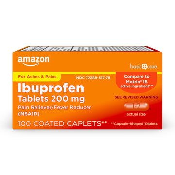 Amazon Basic Care Ibuprofen Tablets, 200 mg, Pain Reliever/Fever Reducer for Headache, Backache, Menstrual Pain and Body Aches, 100 Count Amazon Basic Care uk supplements