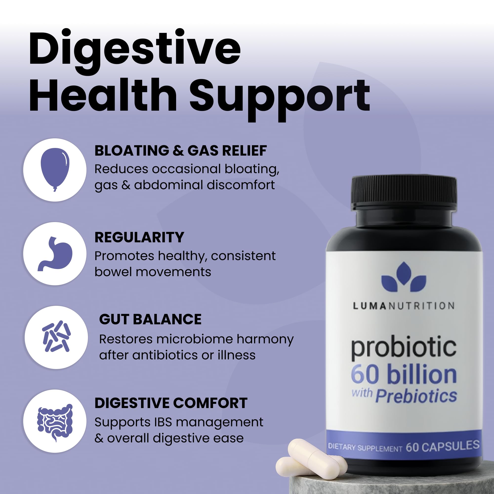 Luma Nutrition Probiotics 60 Billion CFU with Prebiotics - Probiotics for Women and Men - Formulated for Digestive Enzyme Health - Vegan & Gluten-Free - 60 Capsules Luma Nutrition uk supplements