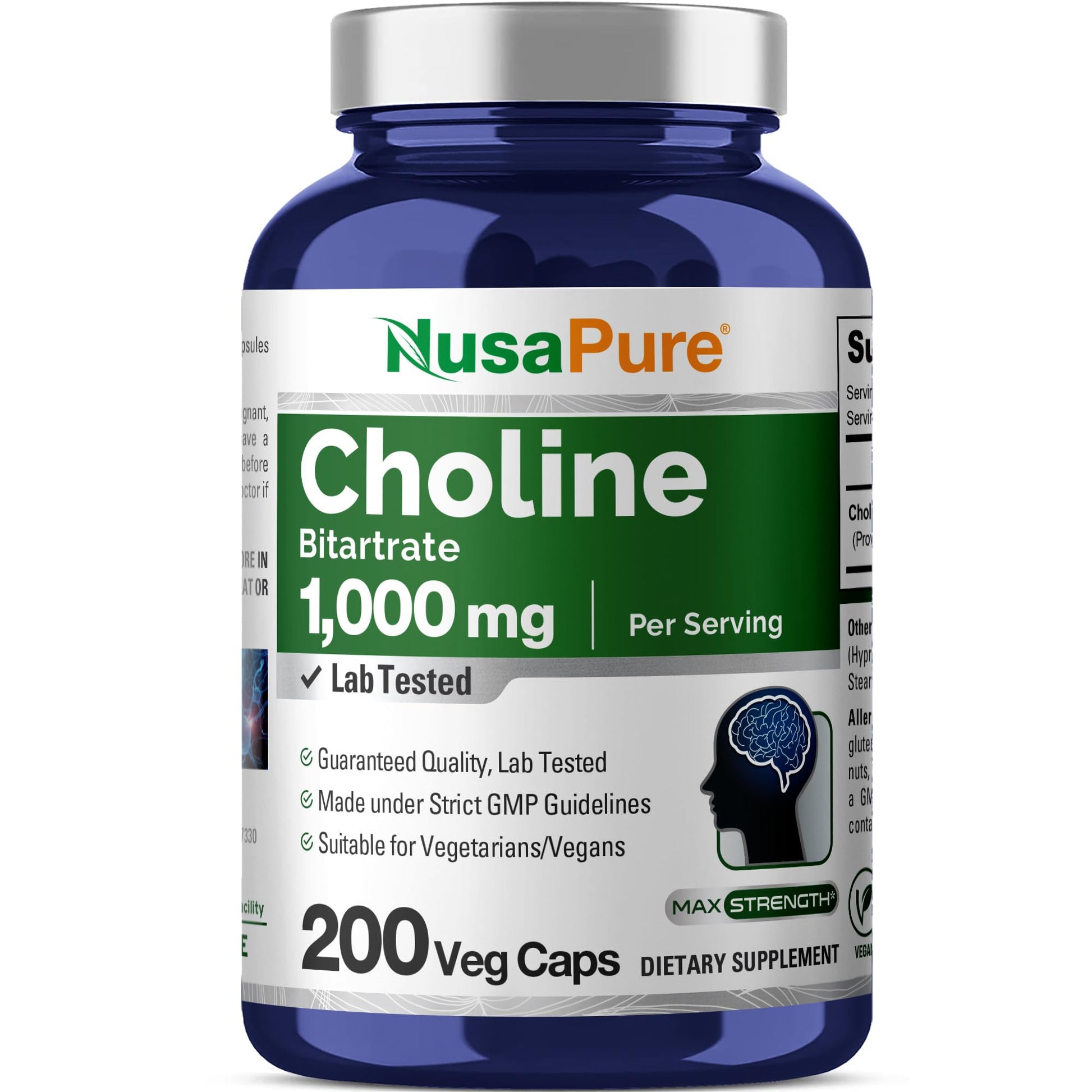 NusaPure Choline Bitartrate - Suitable for Vegetarian/Vegan, Non - GMO - 1000 mg 200 Capsules NusaPure uk supplements