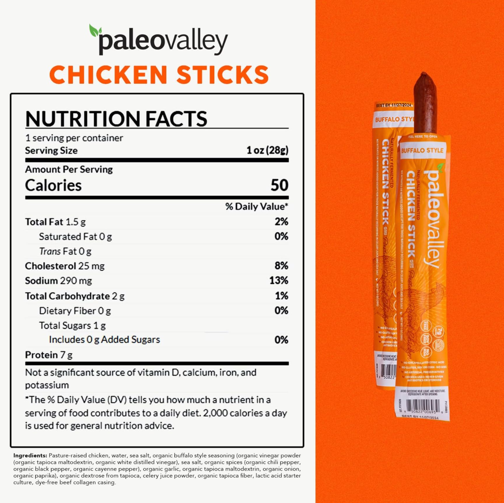 Paleovalley Pasture-Raised Chicken Sticks – 10 Pack – 7g Protein per Stick – Keto-Friendly, Paleo, Gluten-Free, Nitrate-Free – On-the-Go Snack (10 Pack, Buffalo) Paleovalley uk supplements